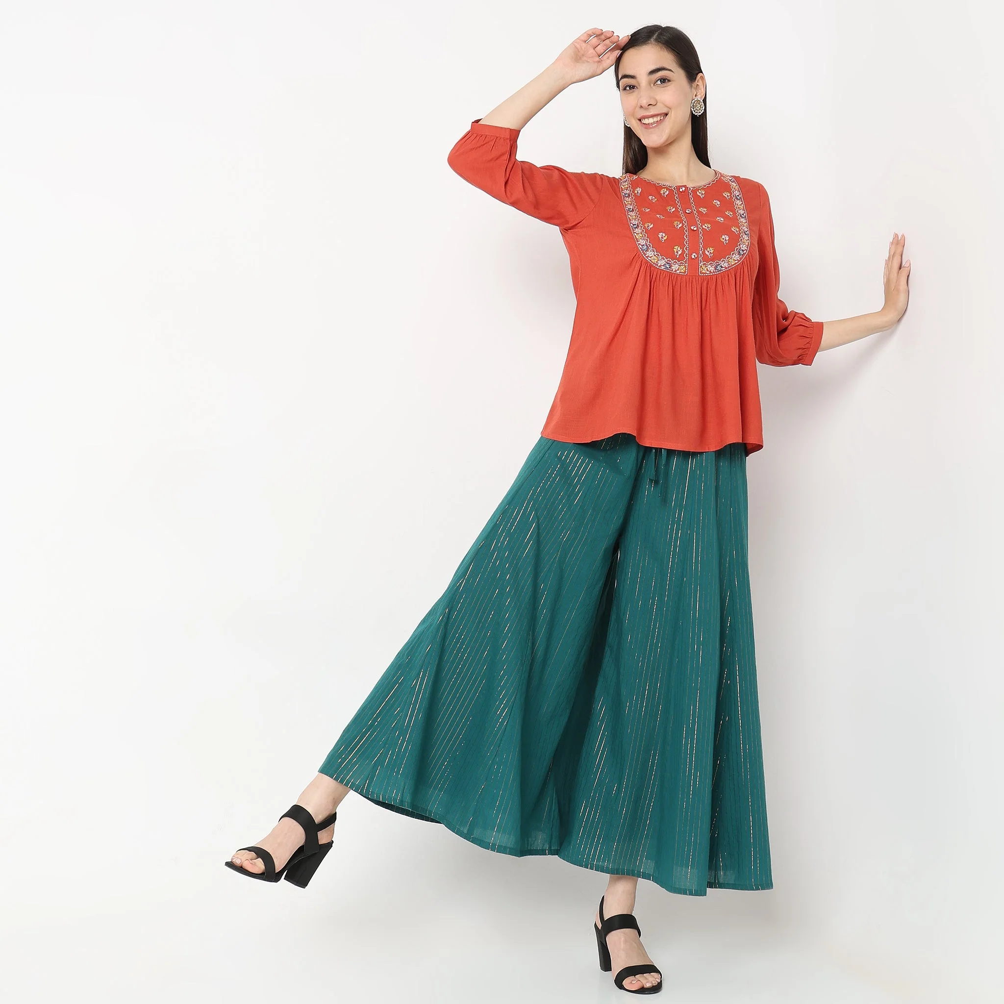 Flare Fit Striped High Rise Palazzos - Image 15