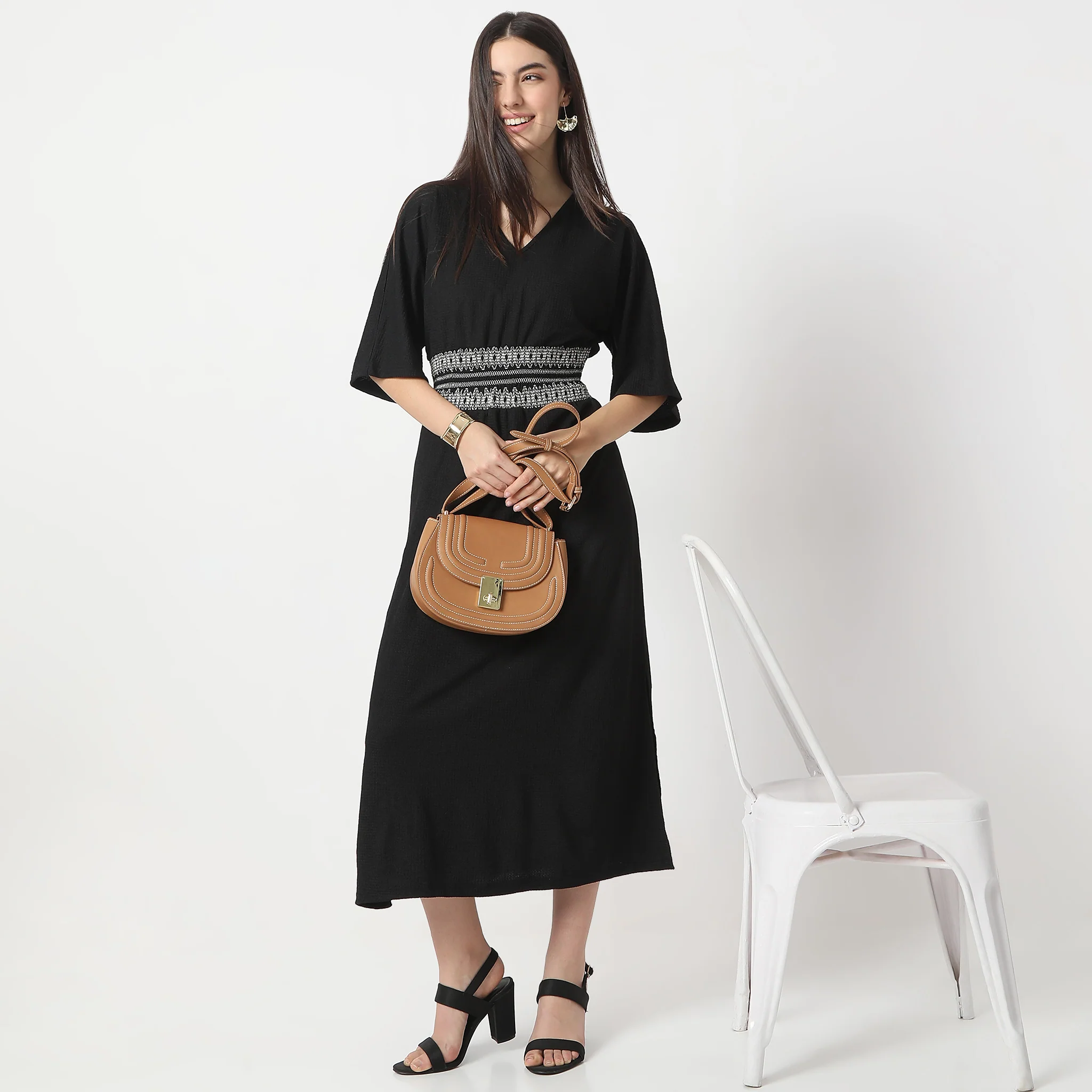 Flare Fit Structured Calf Length V-Neck Short Sleeve Dress