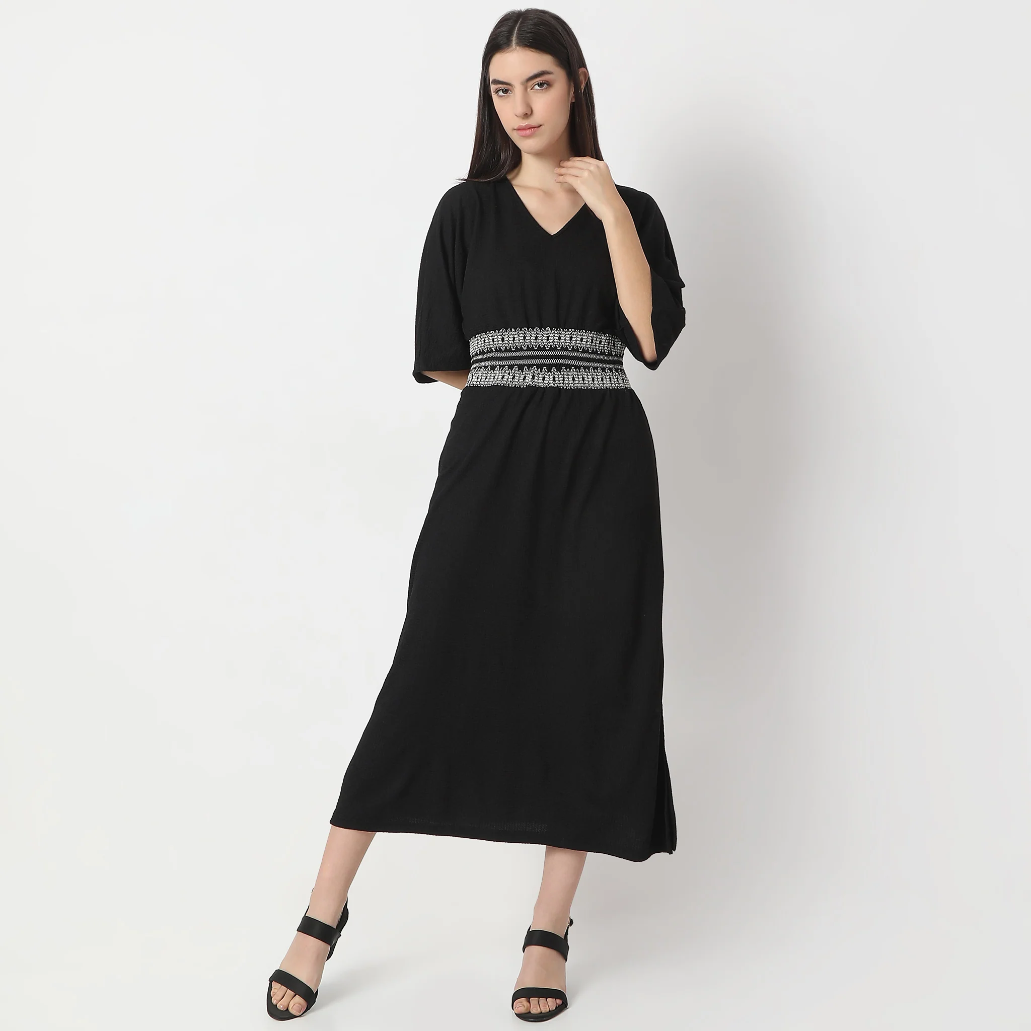 Flare Fit Structured Calf Length V-Neck Short Sleeve Dress - Image 2