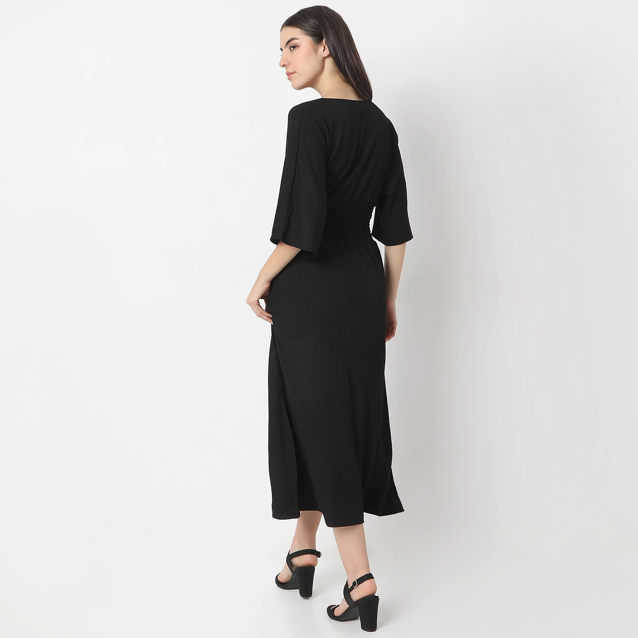 Flare Fit Structured Calf Length V-Neck Short Sleeve Dress - Image 3