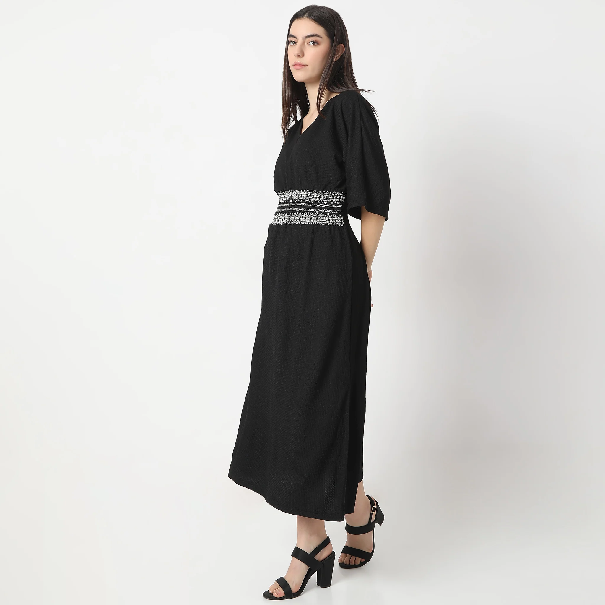 Flare Fit Structured Calf Length V-Neck Short Sleeve Dress - Image 5