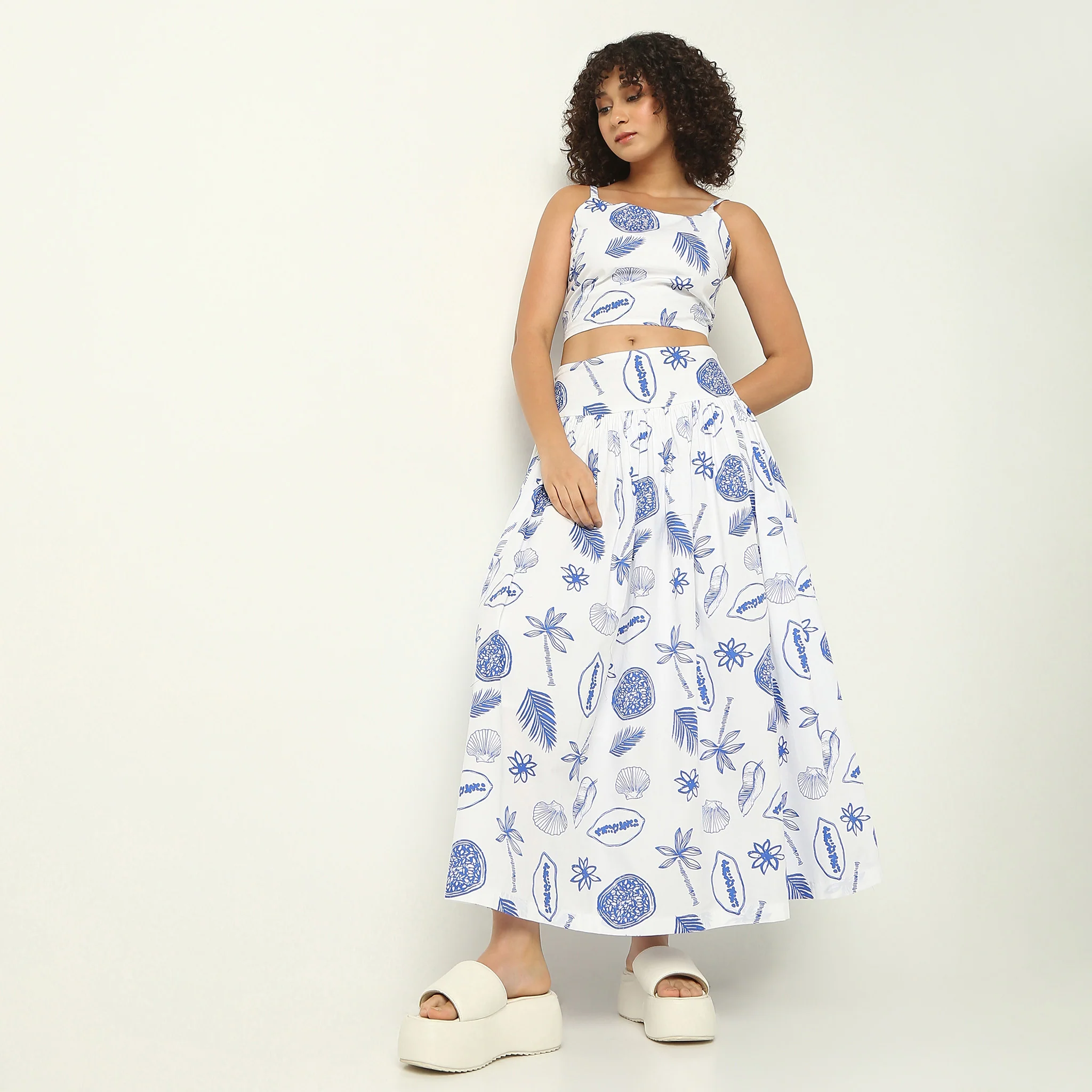 Flare Fit Tropical Print Ankle Length High Rise Skirt