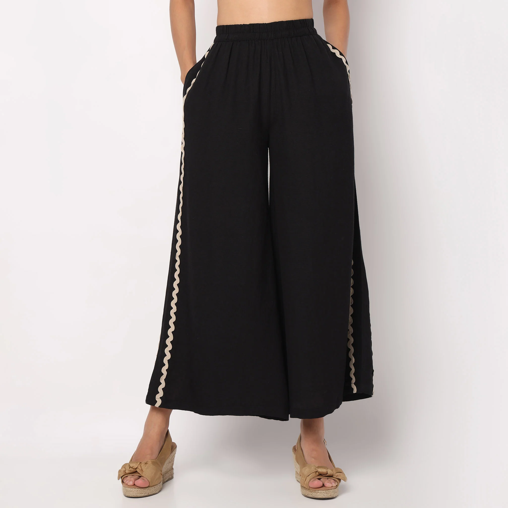 Flare High Rise Ricrac Cotton Trousers - Image 2