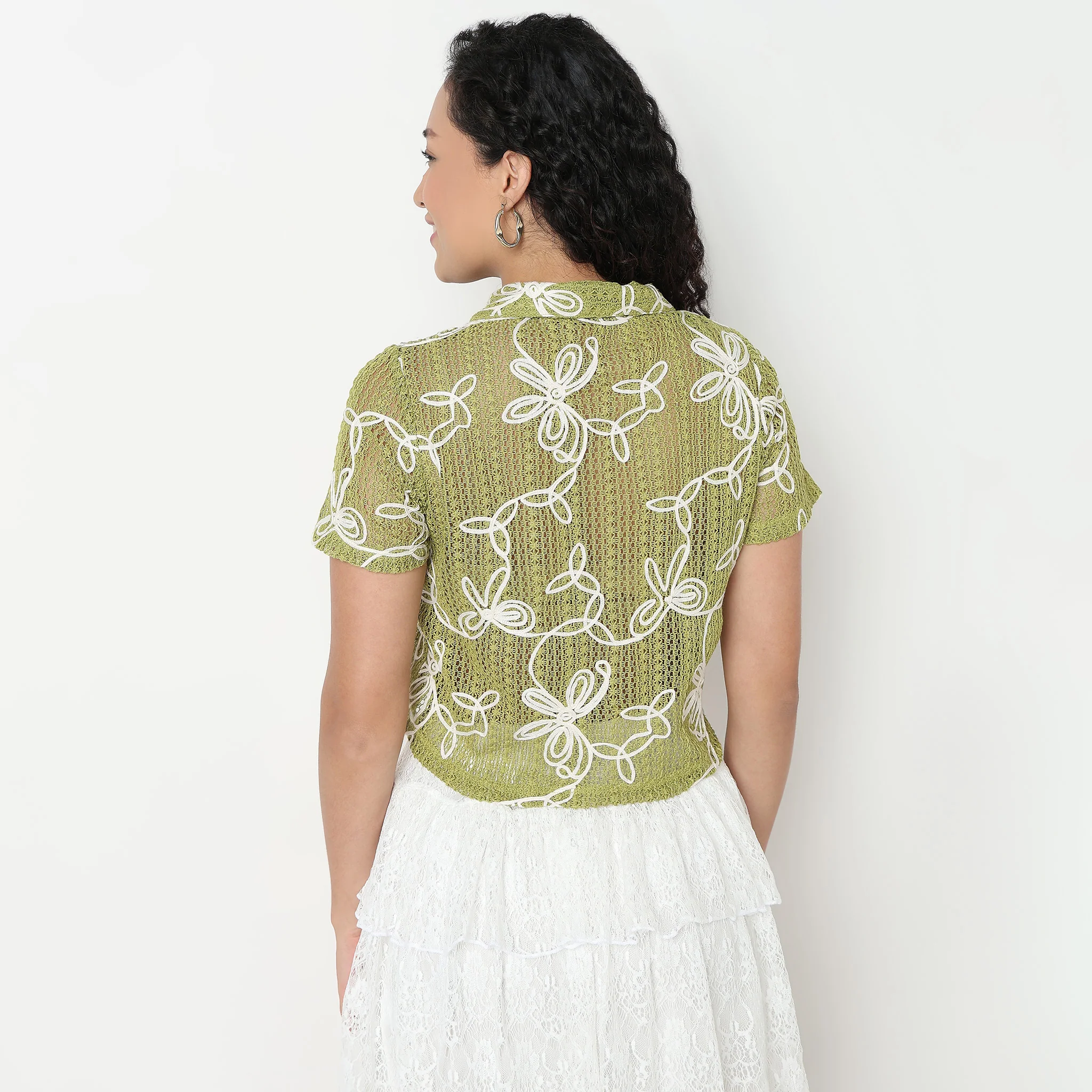 Floral Embroidered Boxy Fit Cropped Shirt - Image 8