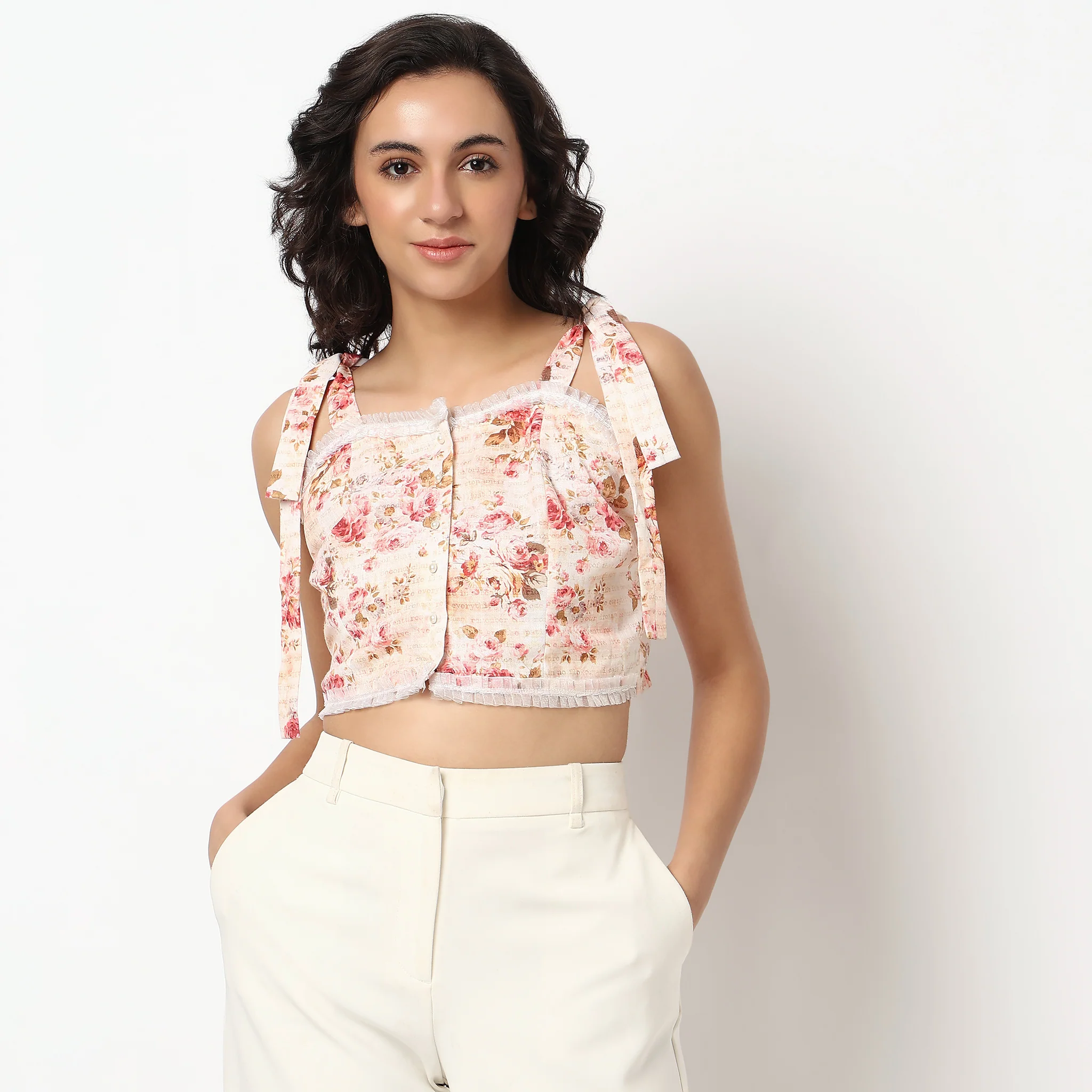 Floral Cropped Top with Tie-Up Straps - Image 2