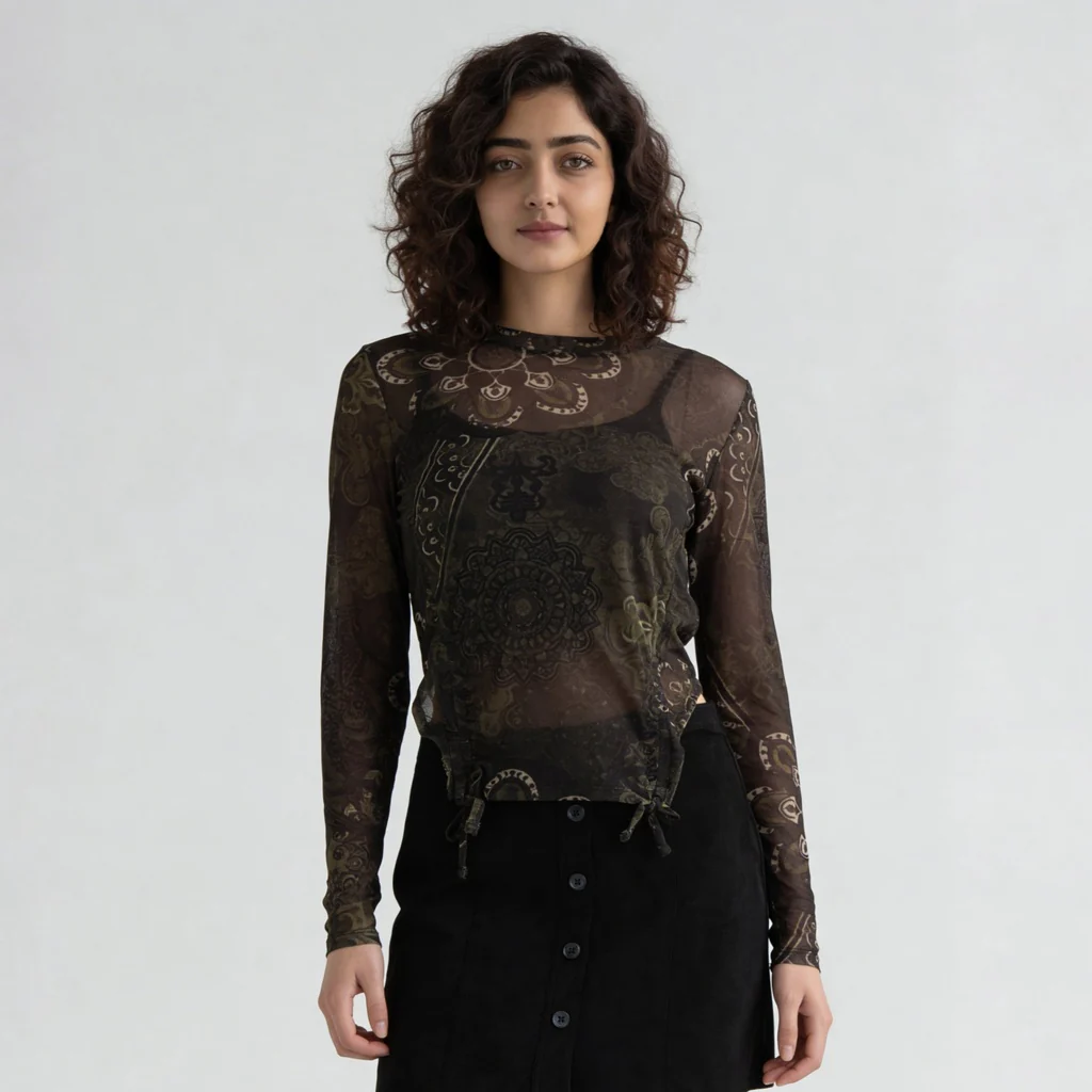 Floral Mesh Top With Ruching At Sides - Image 2