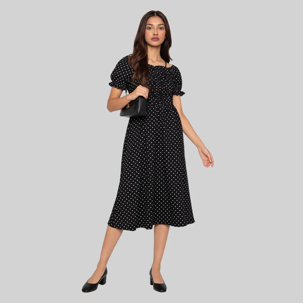 Floral Off Shoulder Dress With Polka Print Detail
