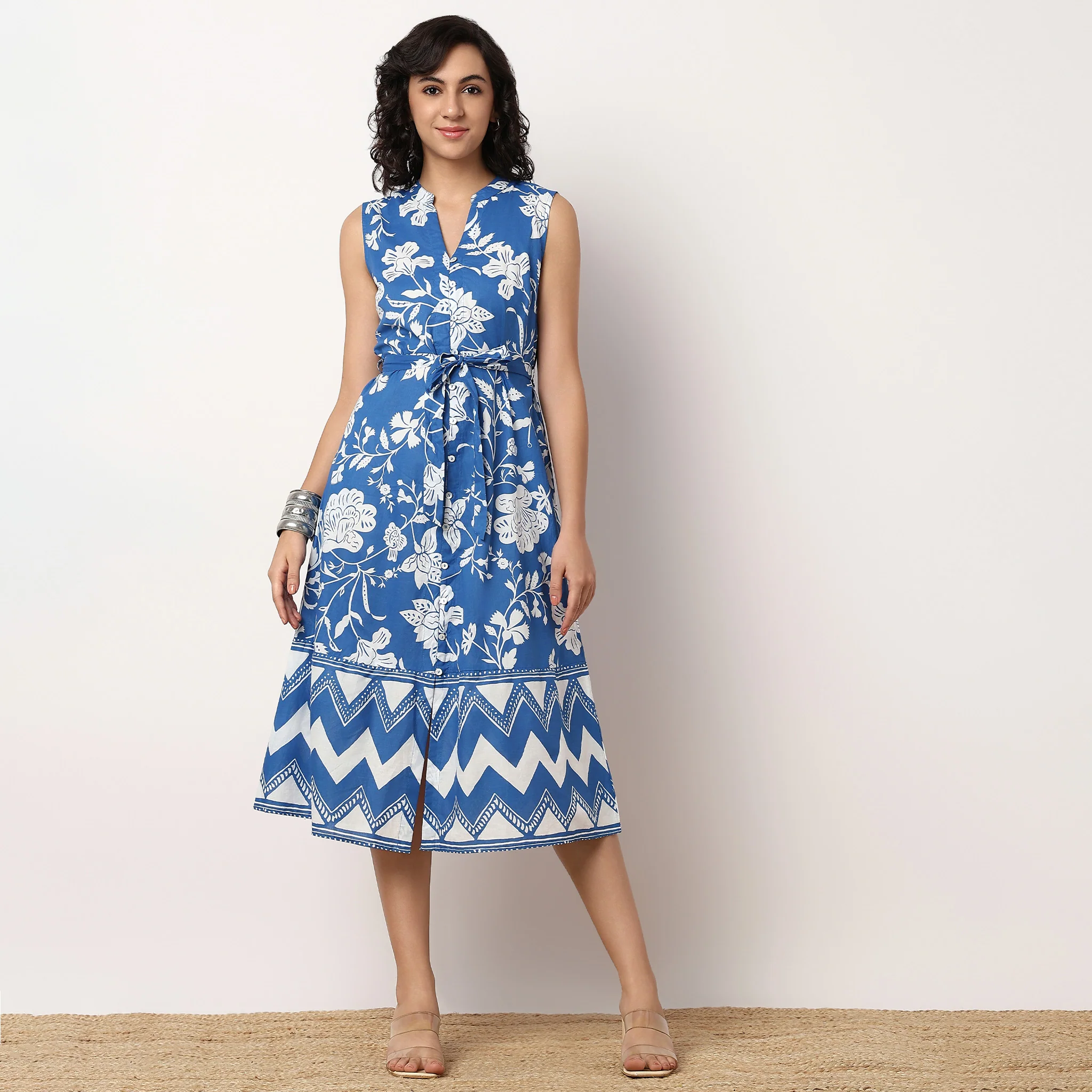 Floral Print Flared Dress With Waist Tie-Up Detail