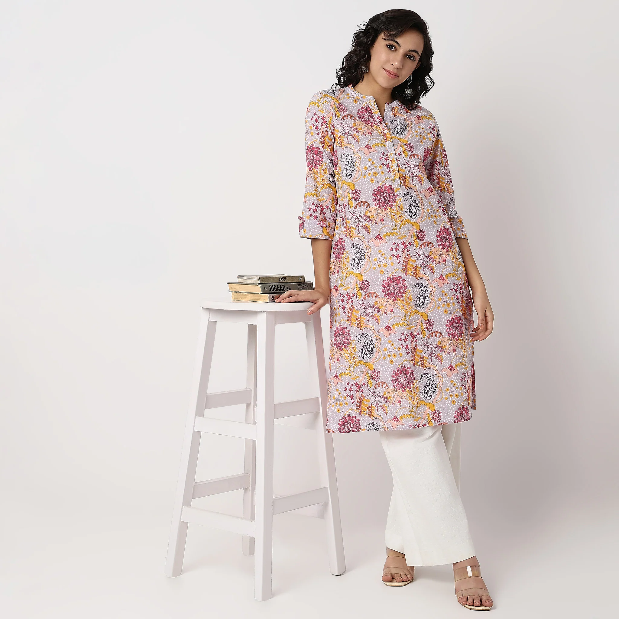 Floral Band Neck Half Placket Kurta