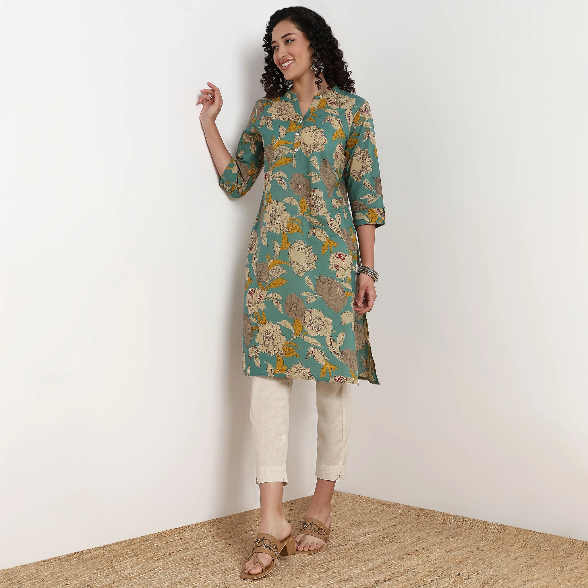 Floral Band Neck Half Placket Kurta