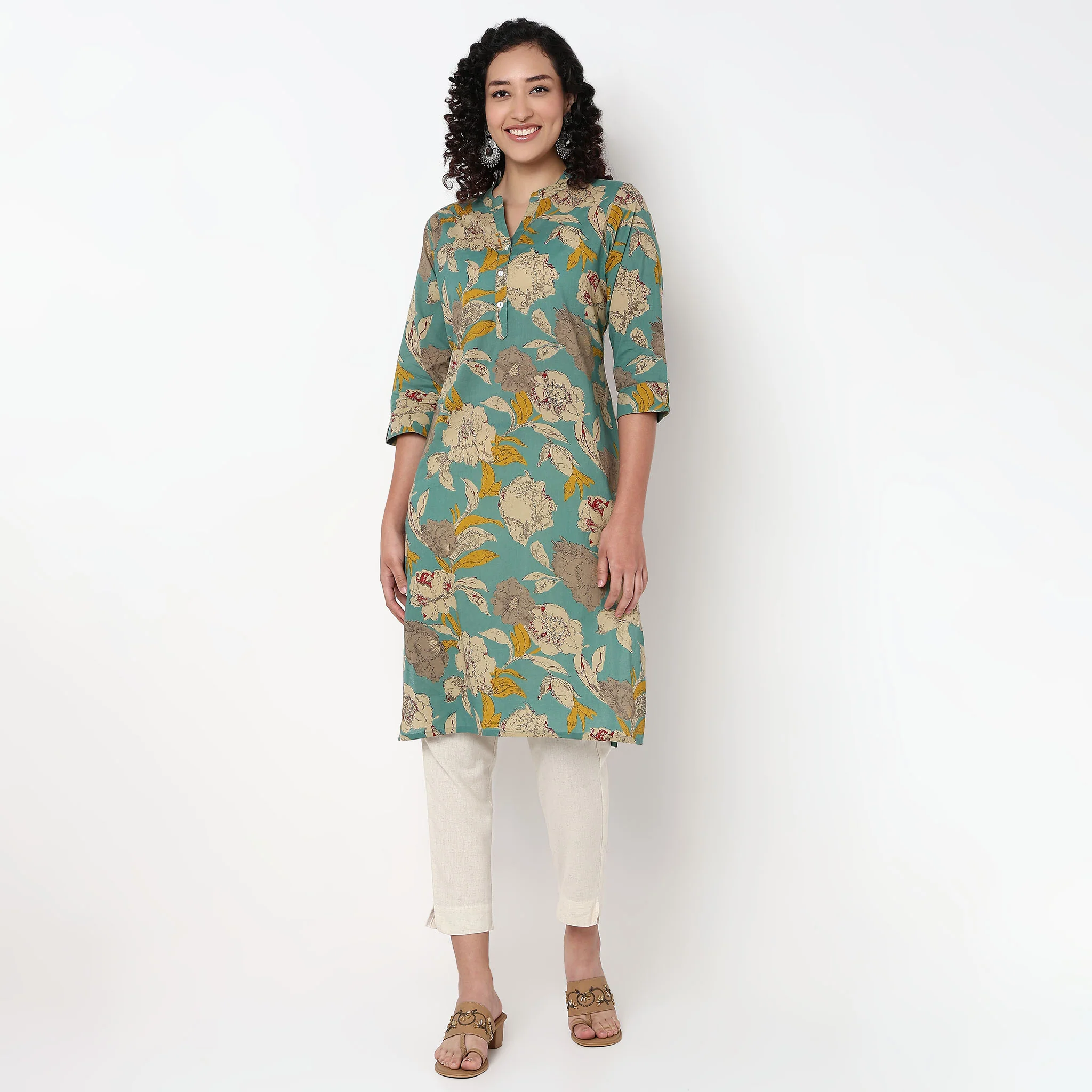 Floral Band Neck Half Placket Kurta - Image 2