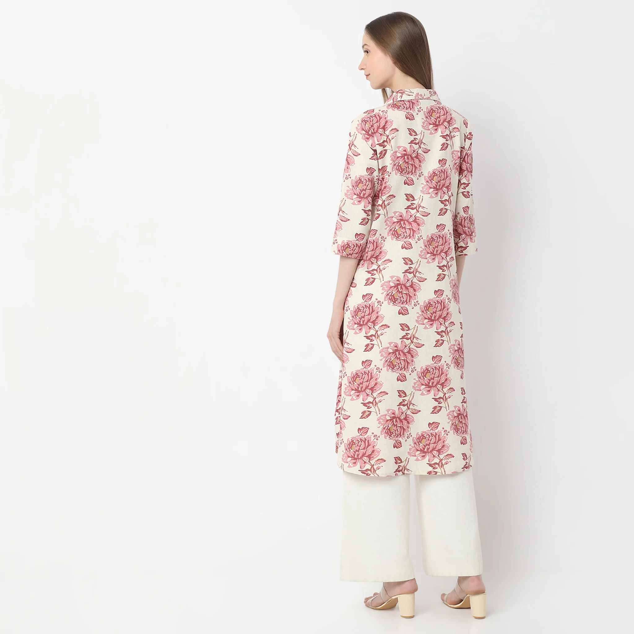 Floral Print Below Knee Shirt Collar Flared Kurta - Image 3
