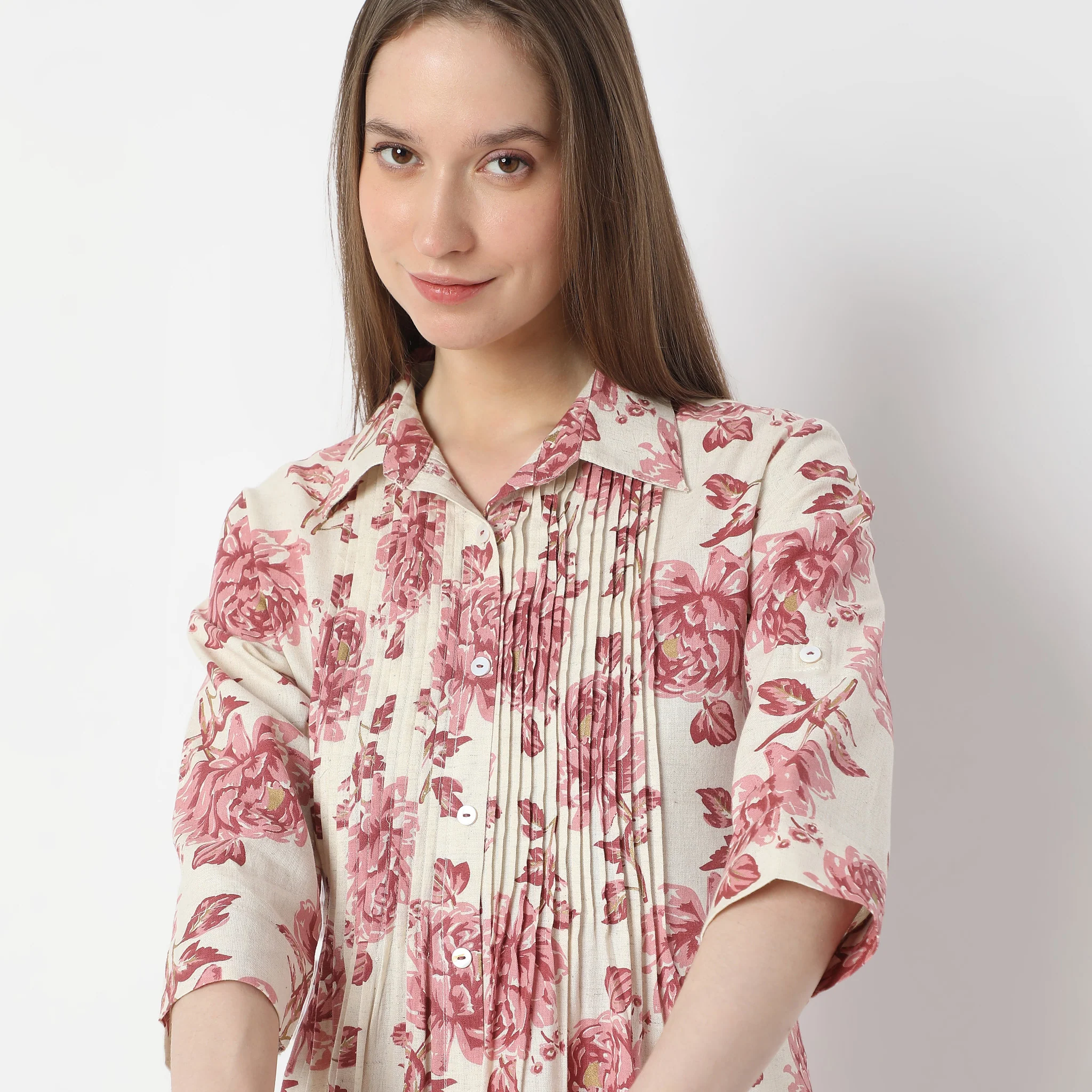 Floral Print Below Knee Shirt Collar Flared Kurta - Image 4