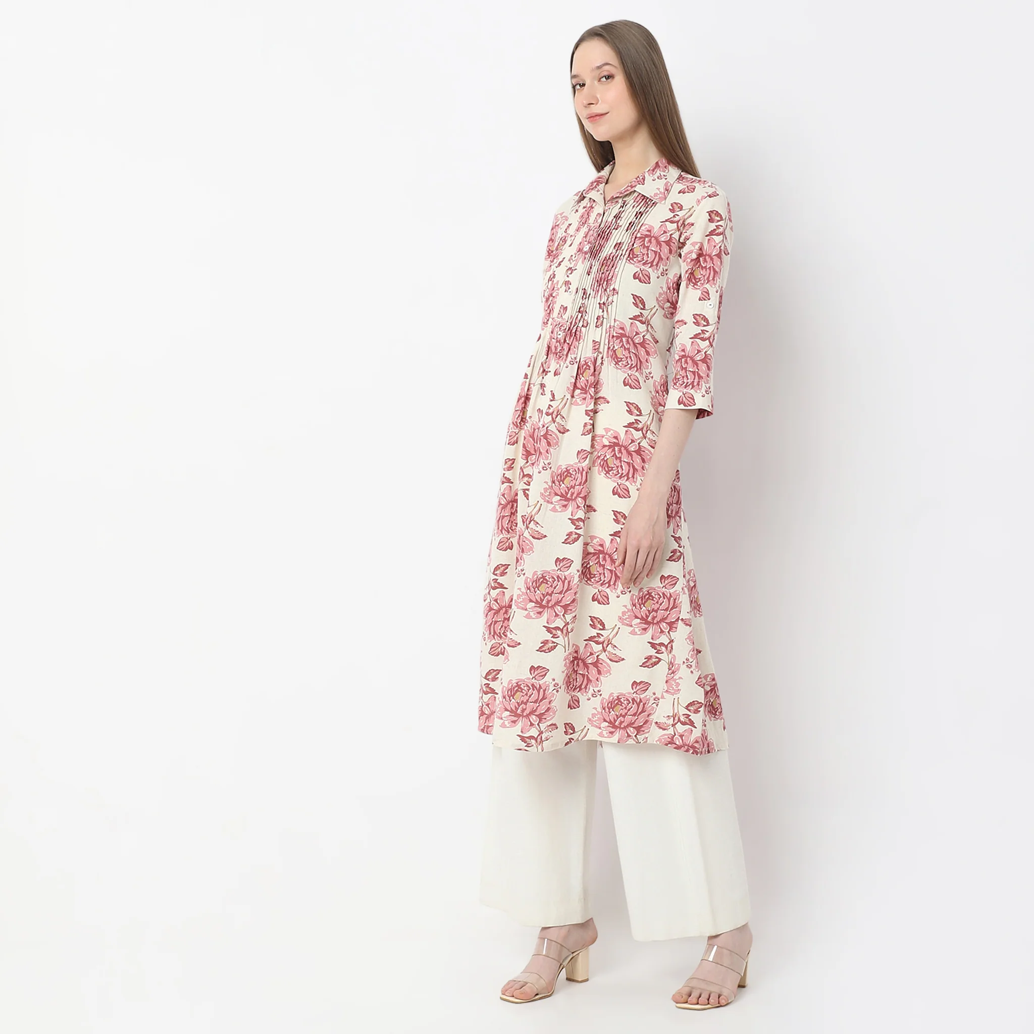 Floral Print Below Knee Shirt Collar Flared Kurta - Image 5