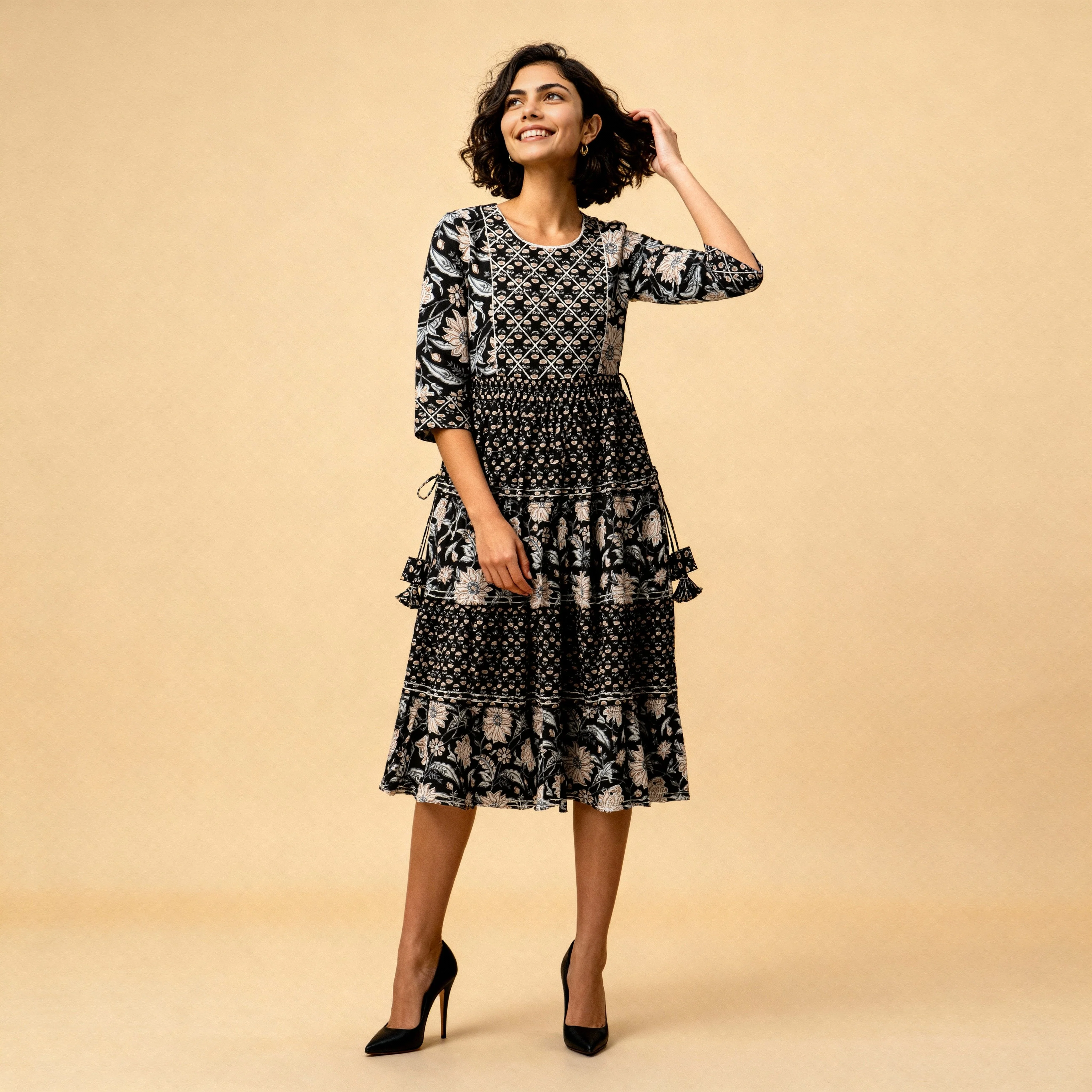 Floral Print Flared Tiered Kurta