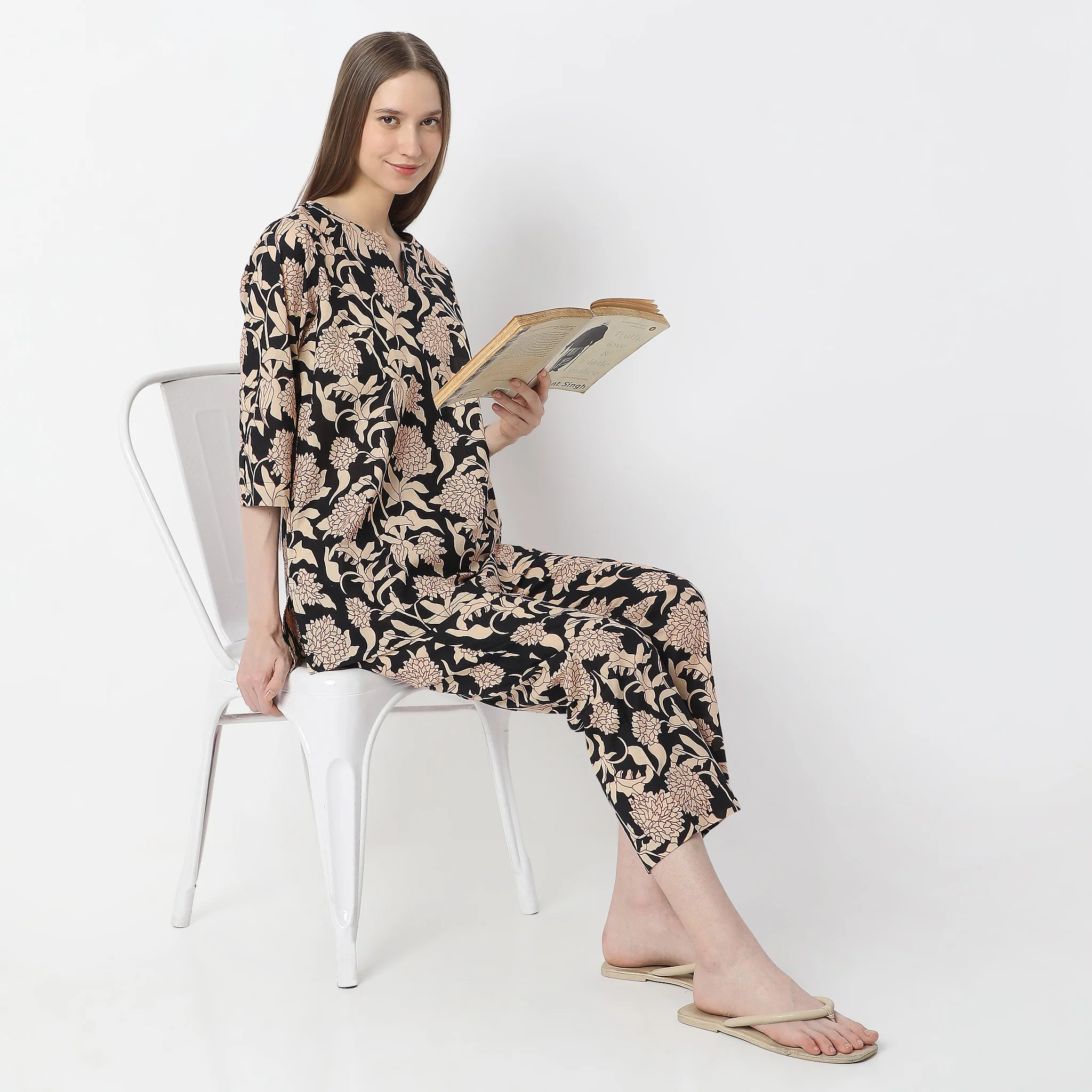 Floral Print Kurta With Pyjama Sleepwear Set