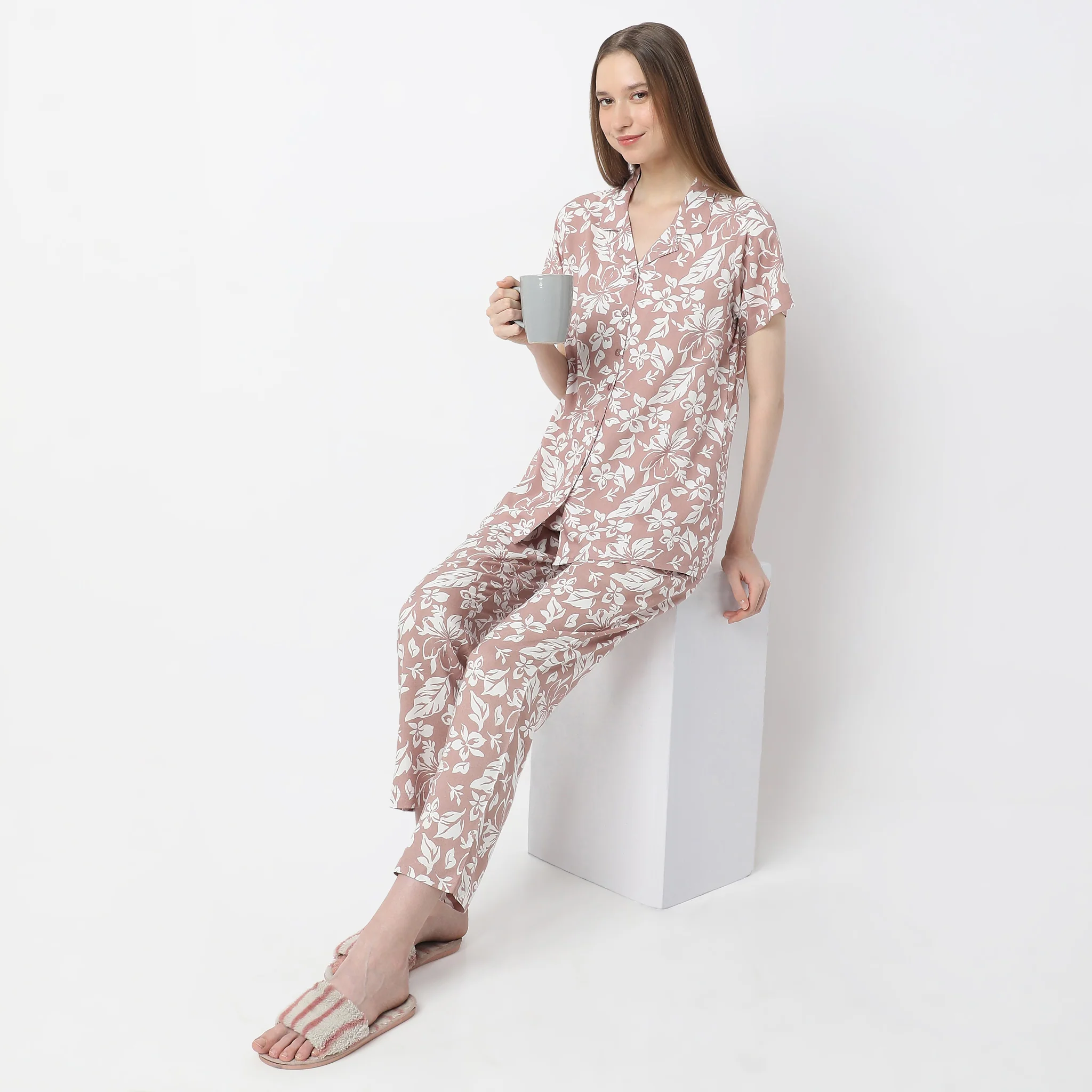 Floral Print Lapel Collar Short Sleeve Shirt With Pyjama Sleepwear Set