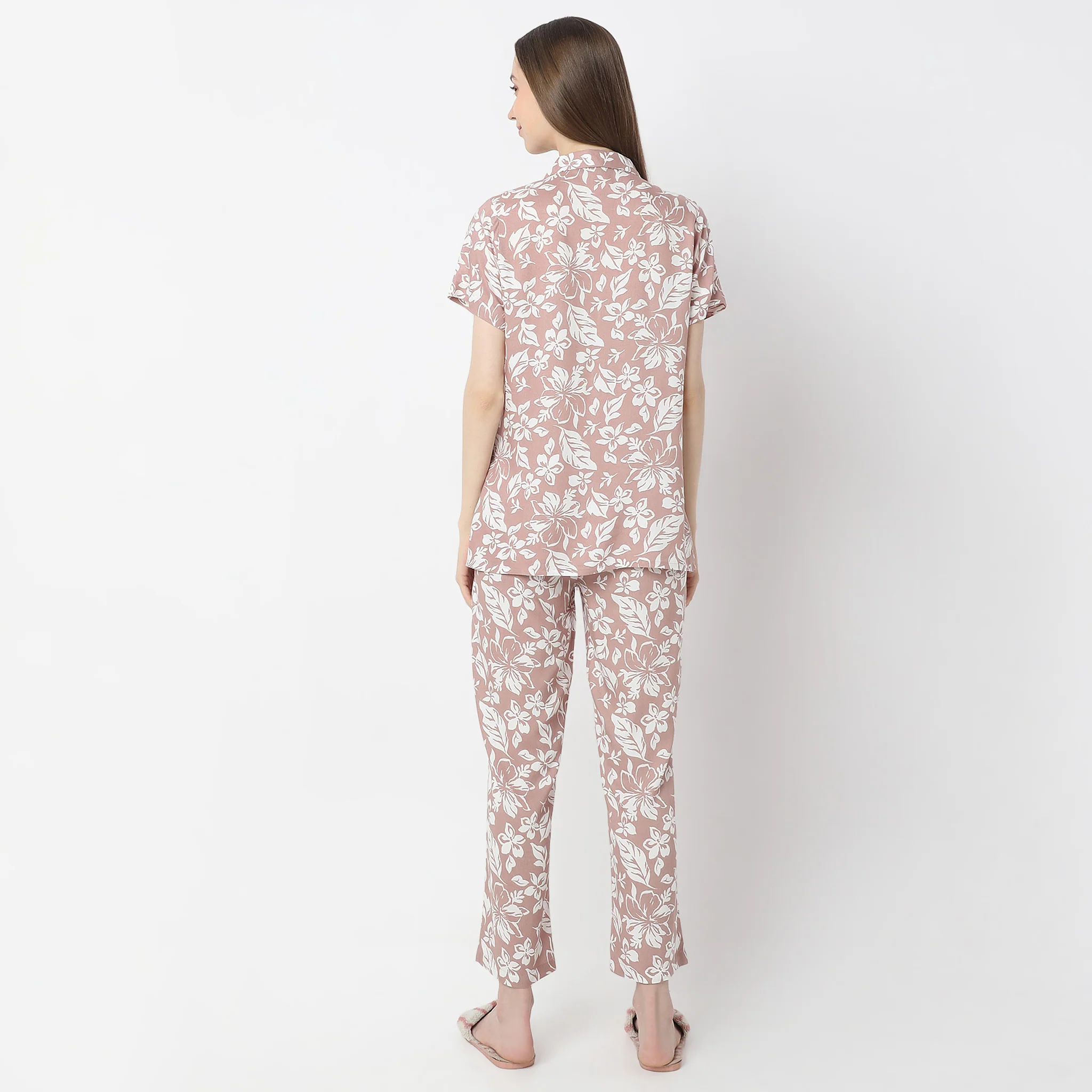 Floral Print Lapel Collar Short Sleeve Shirt With Pyjama Sleepwear Set - Image 3