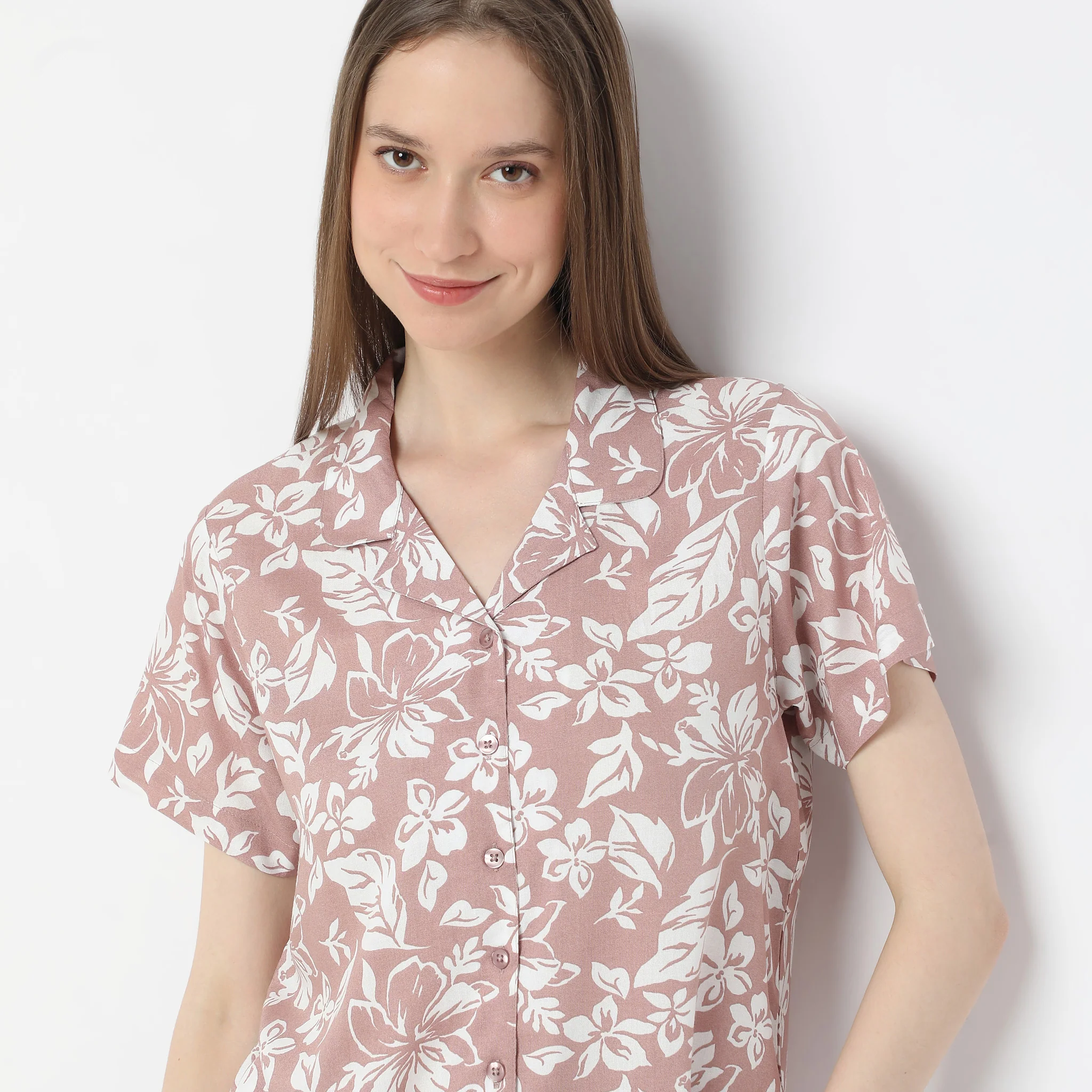 Floral Print Lapel Collar Short Sleeve Shirt With Pyjama Sleepwear Set - Image 4