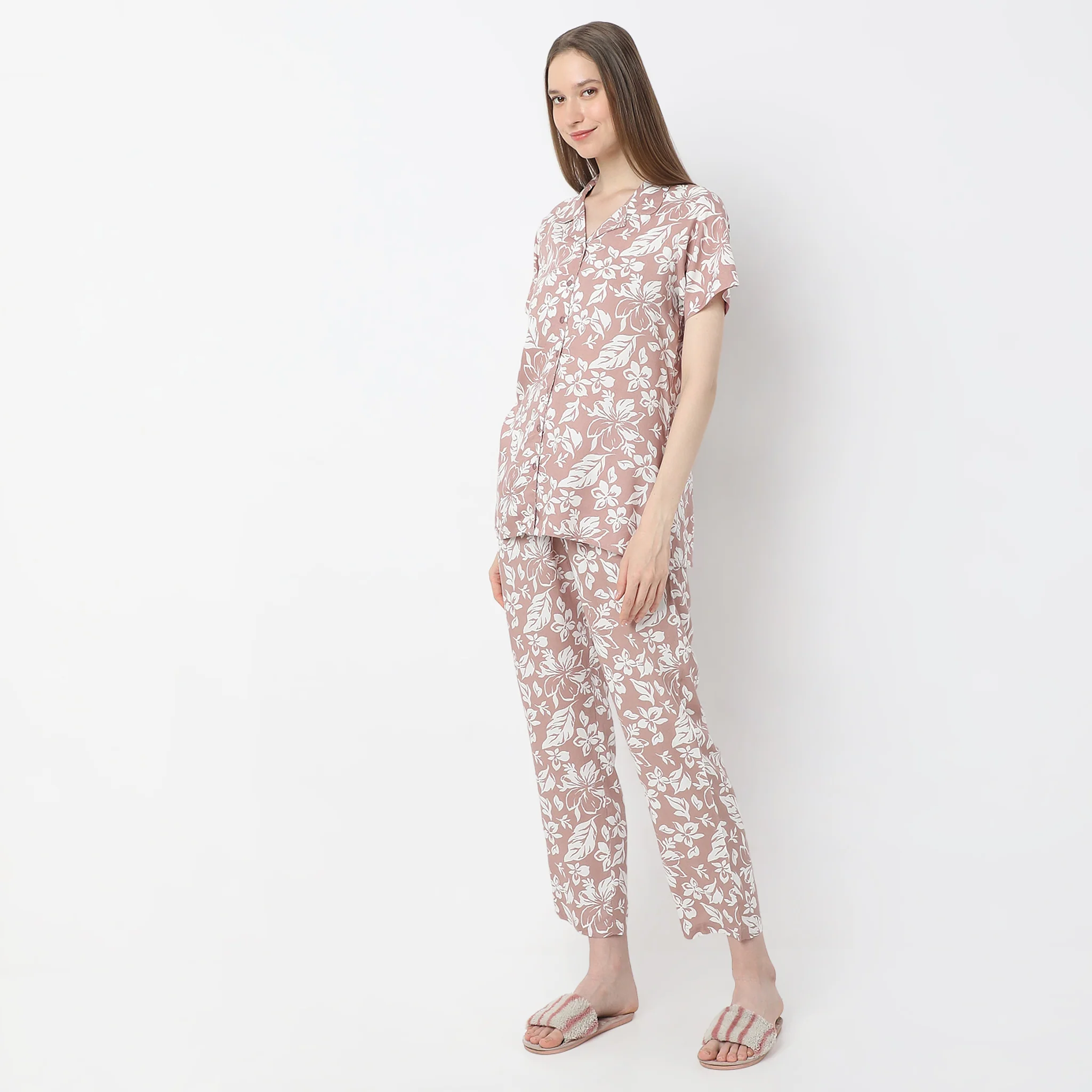 Floral Print Lapel Collar Short Sleeve Shirt With Pyjama Sleepwear Set - Image 5