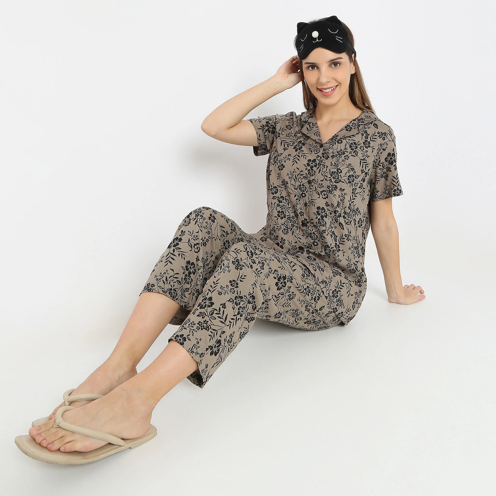 Floral Print Lapel Collar Short Sleeve Shirt With Pyjama Sleepwear Set