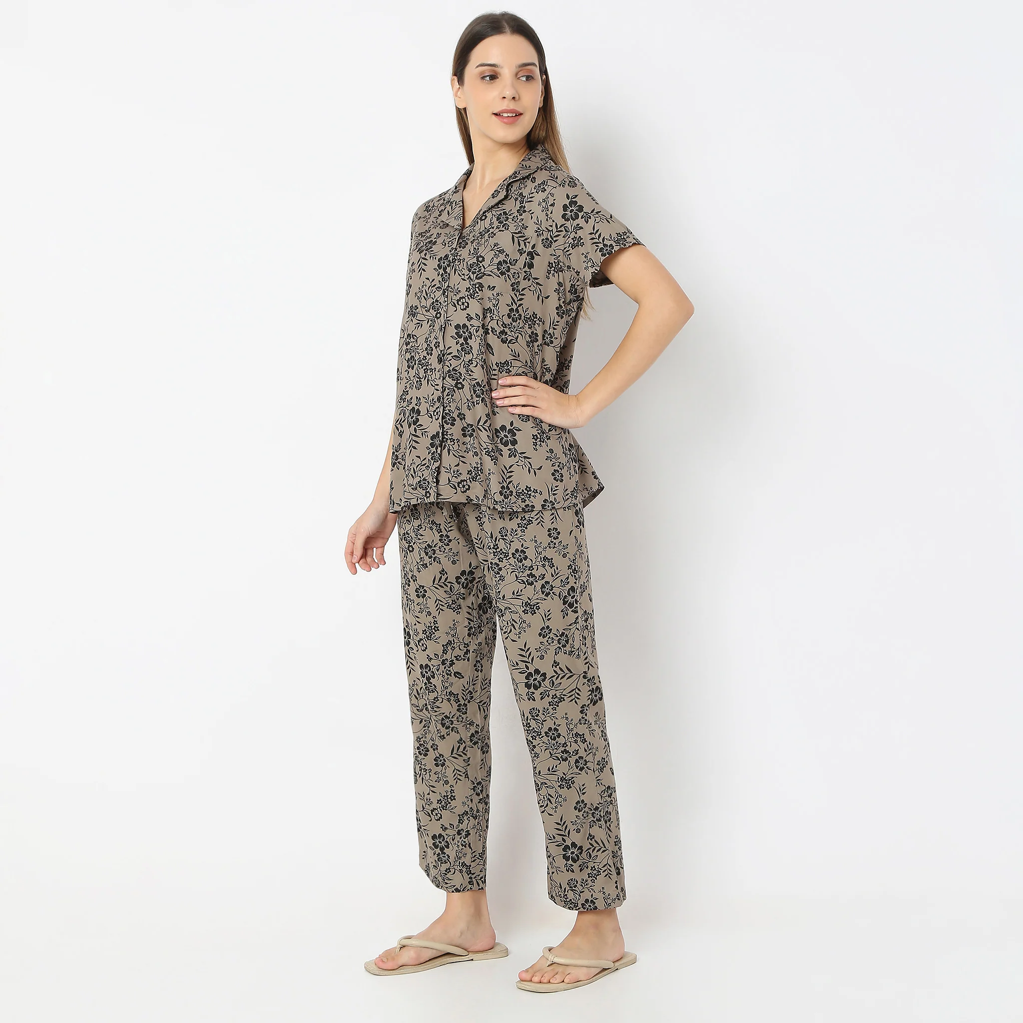Floral Print Lapel Collar Short Sleeve Shirt With Pyjama Sleepwear Set - Image 5