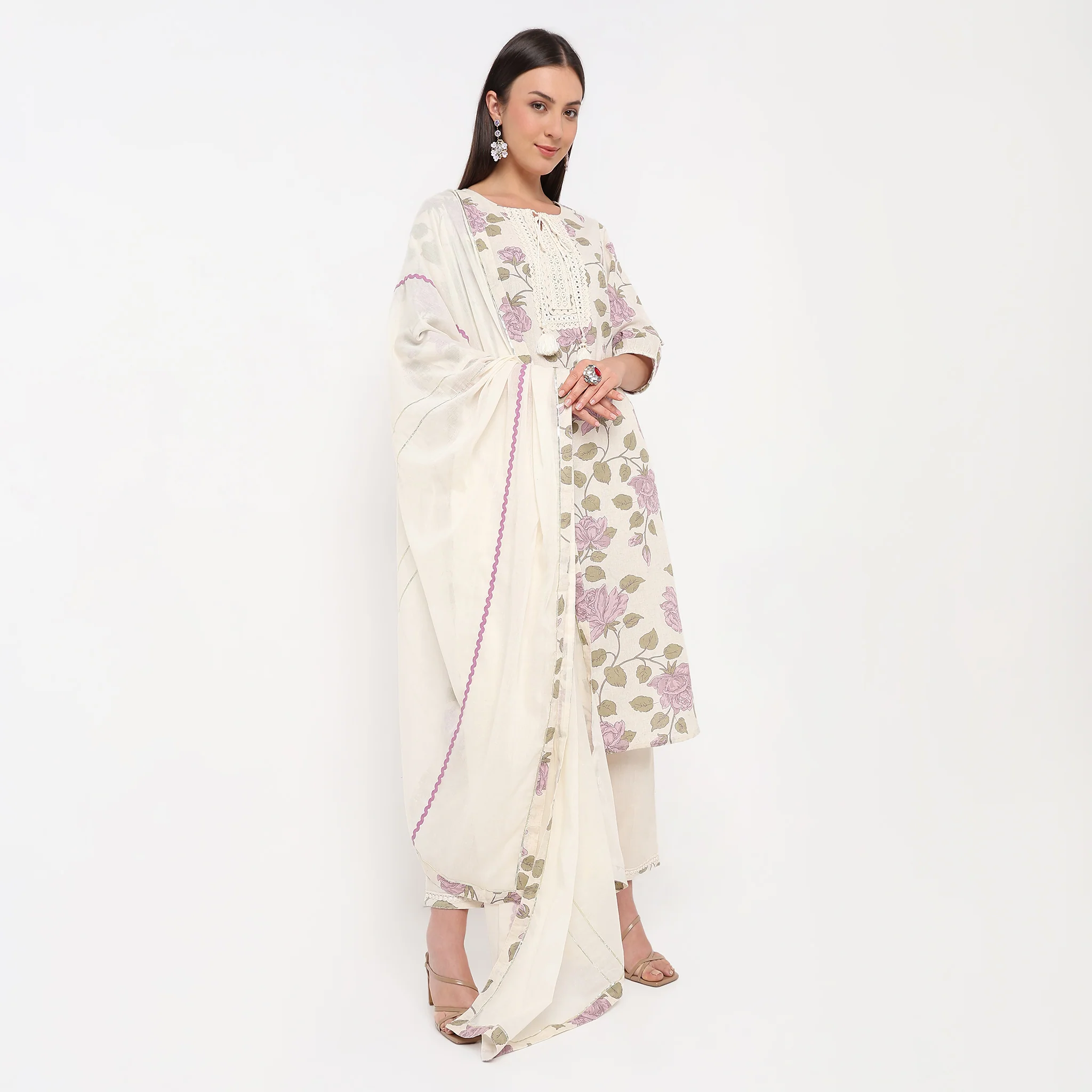 Floral Print Round Neck Kurta With Pant Set