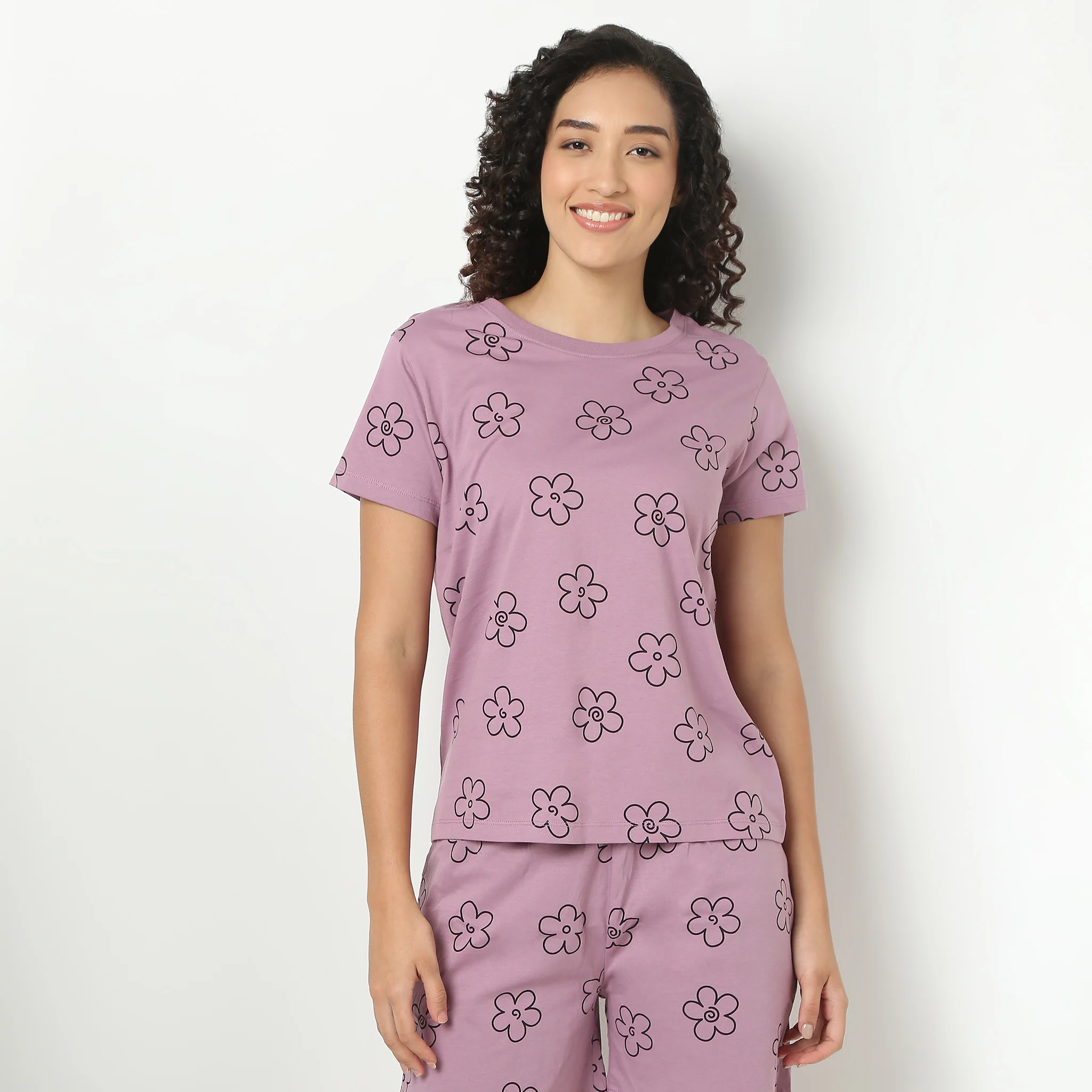 Floral Print Round Neck Loungewear T-Shirt - Image 2