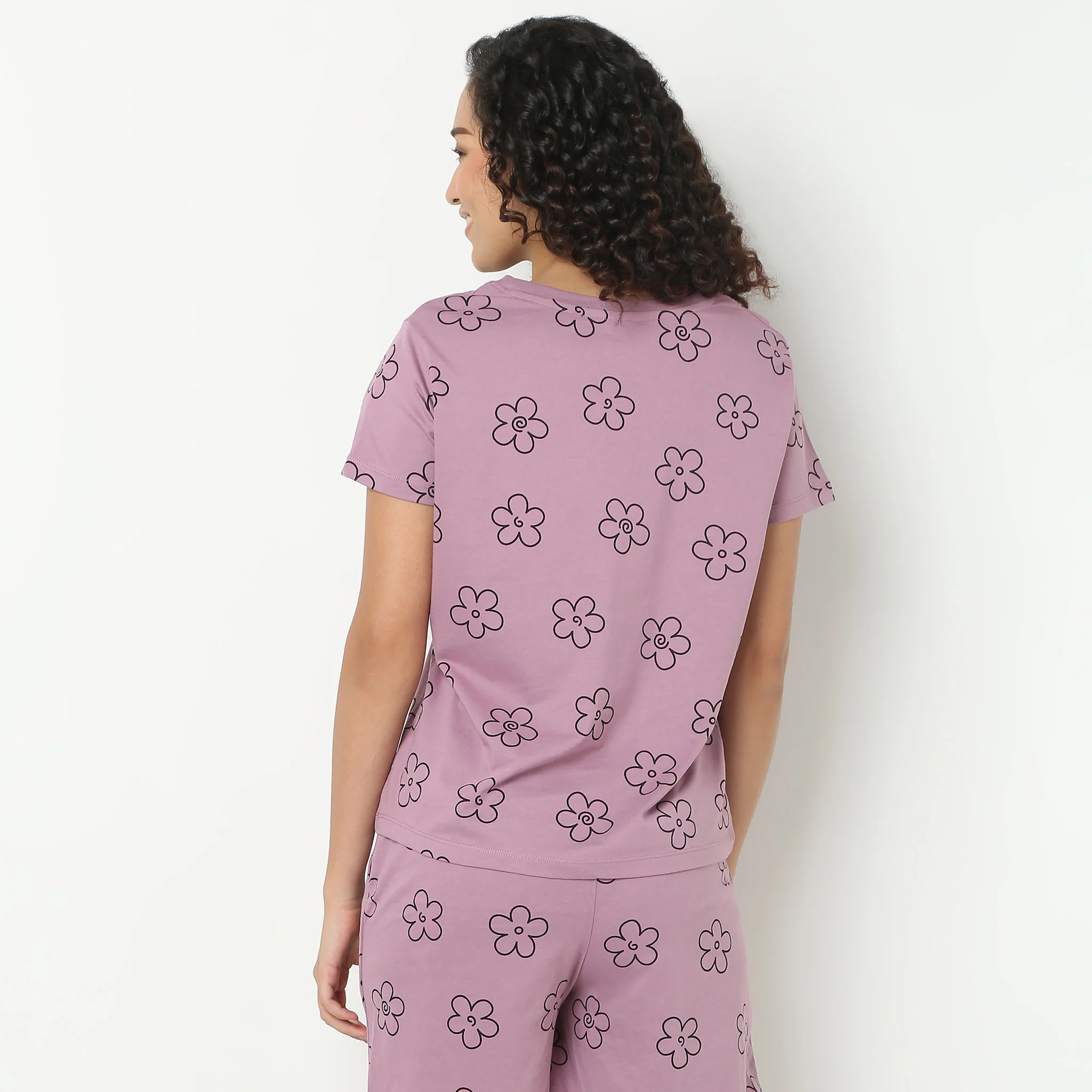 Floral Print Round Neck Loungewear T-Shirt - Image 3