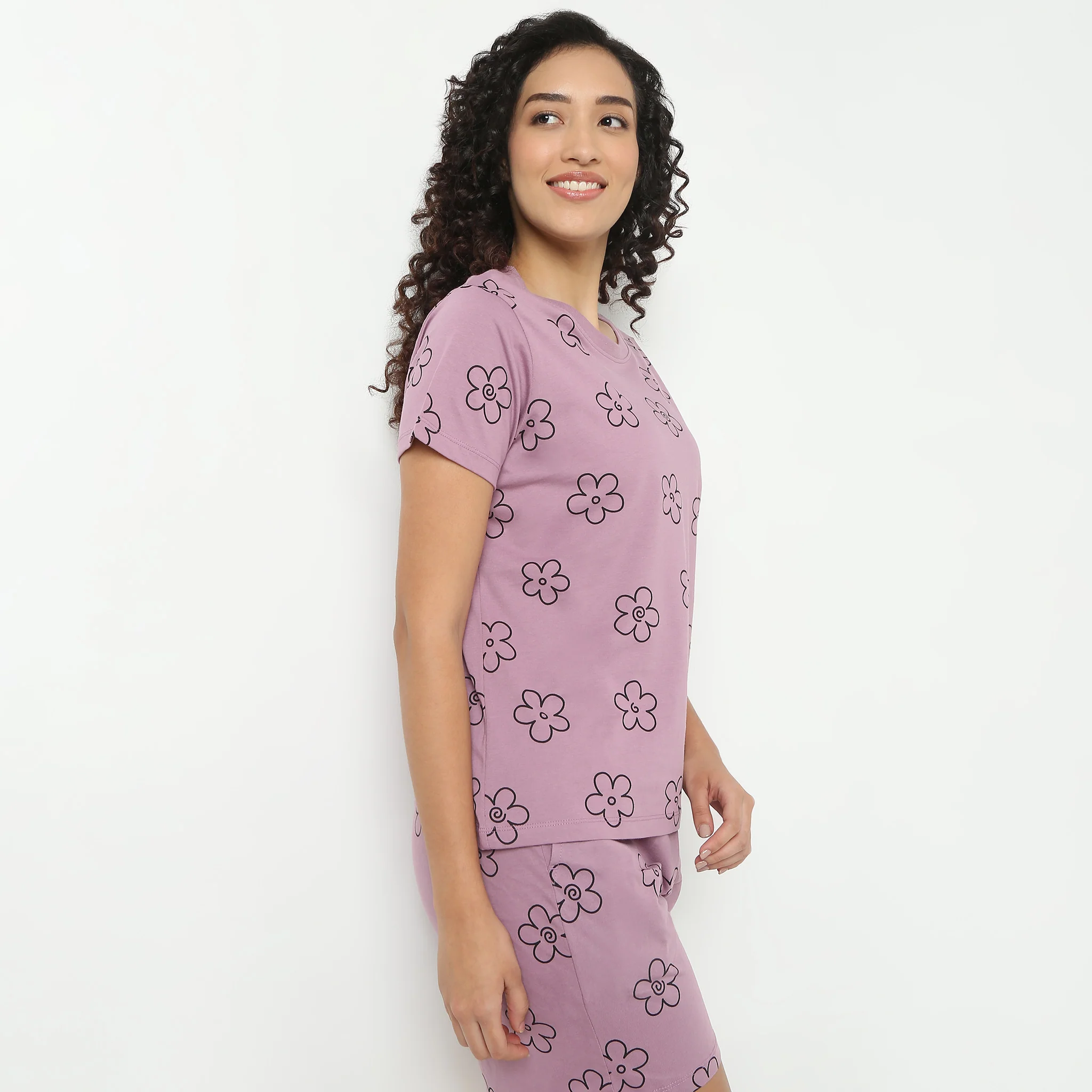Floral Print Round Neck Loungewear T-Shirt - Image 5