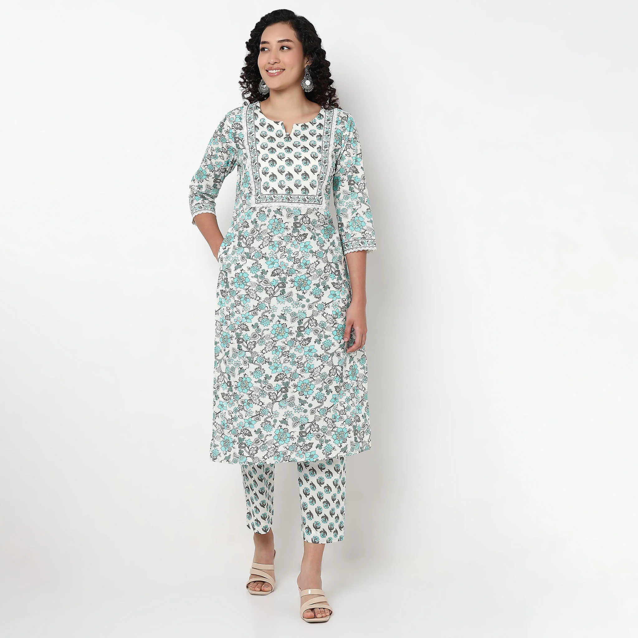 Floral Print Cotton Kurta and Pant with Dupatta Set - Image 2