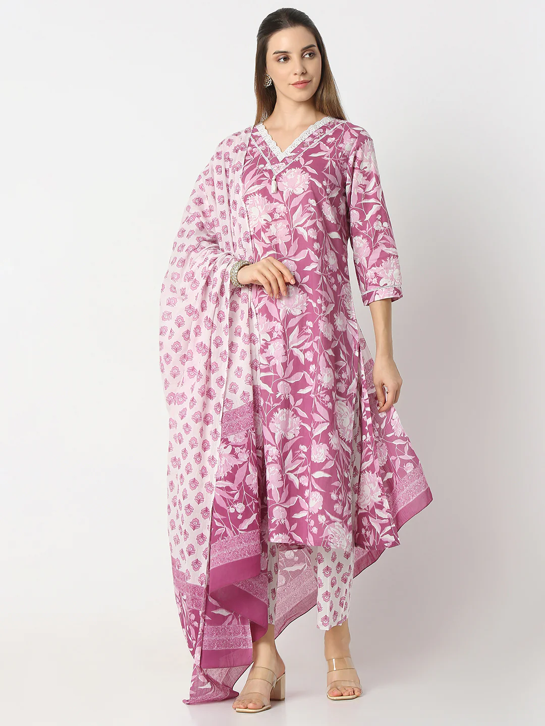 Floral V-Neck Long Kurta and Pant with Dupatta Set