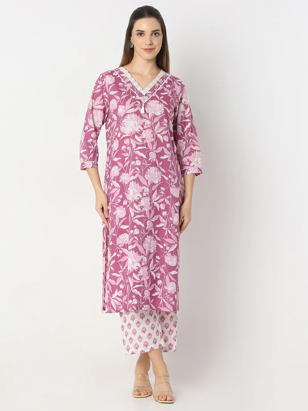 Floral V-Neck Long Kurta and Pant with Dupatta Set - Image 2