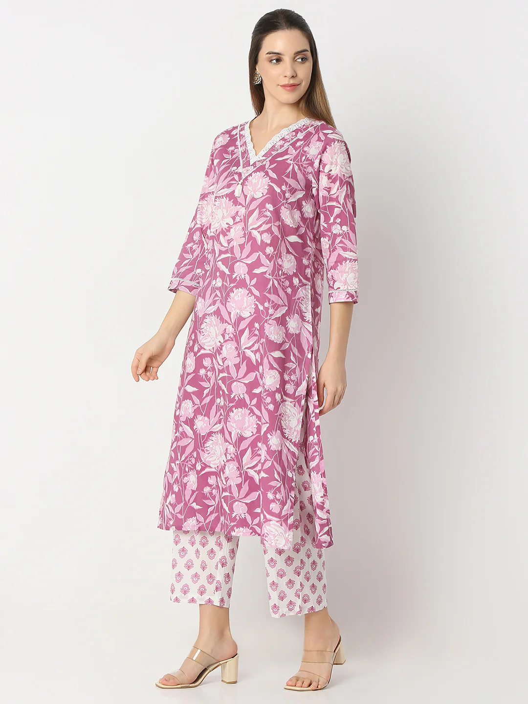 Floral V-Neck Long Kurta and Pant with Dupatta Set - Image 3