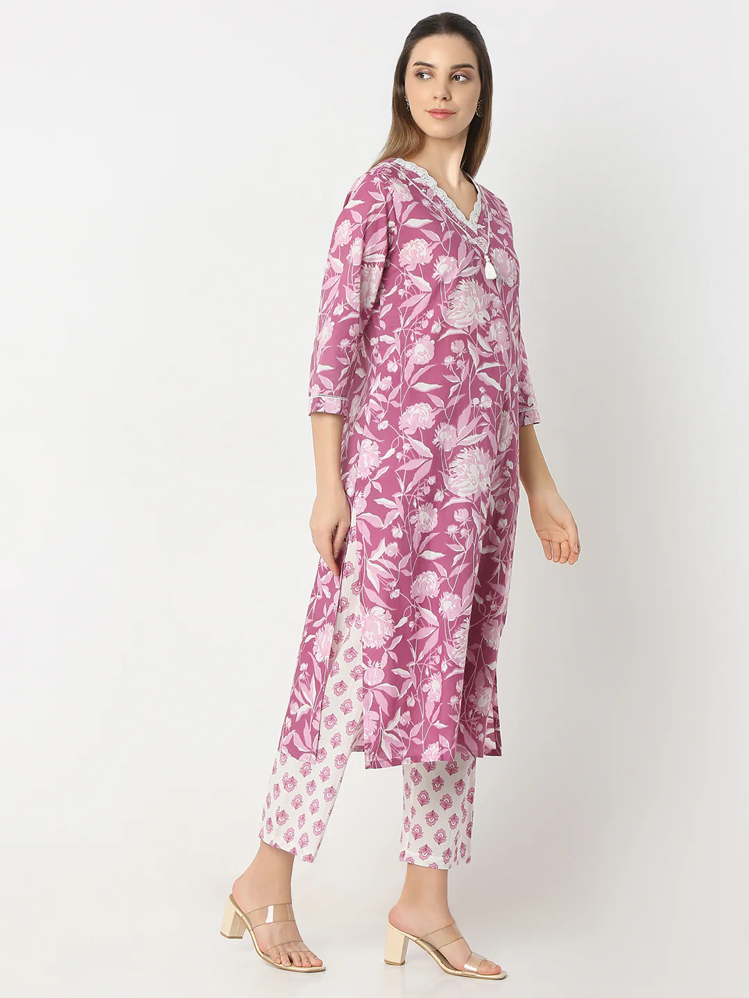 Floral V-Neck Long Kurta and Pant with Dupatta Set - Image 4