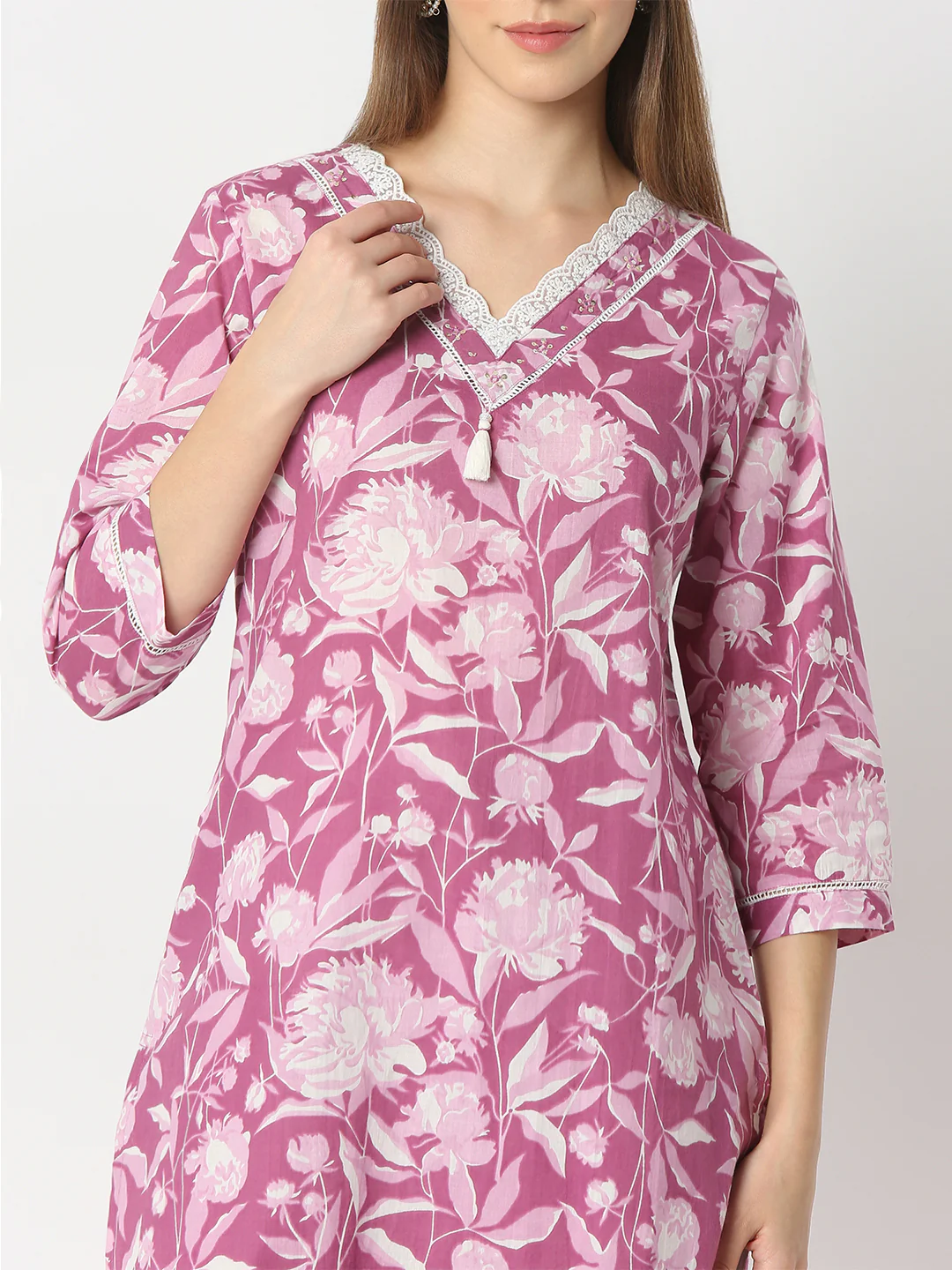 Floral V-Neck Long Kurta and Pant with Dupatta Set - Image 6