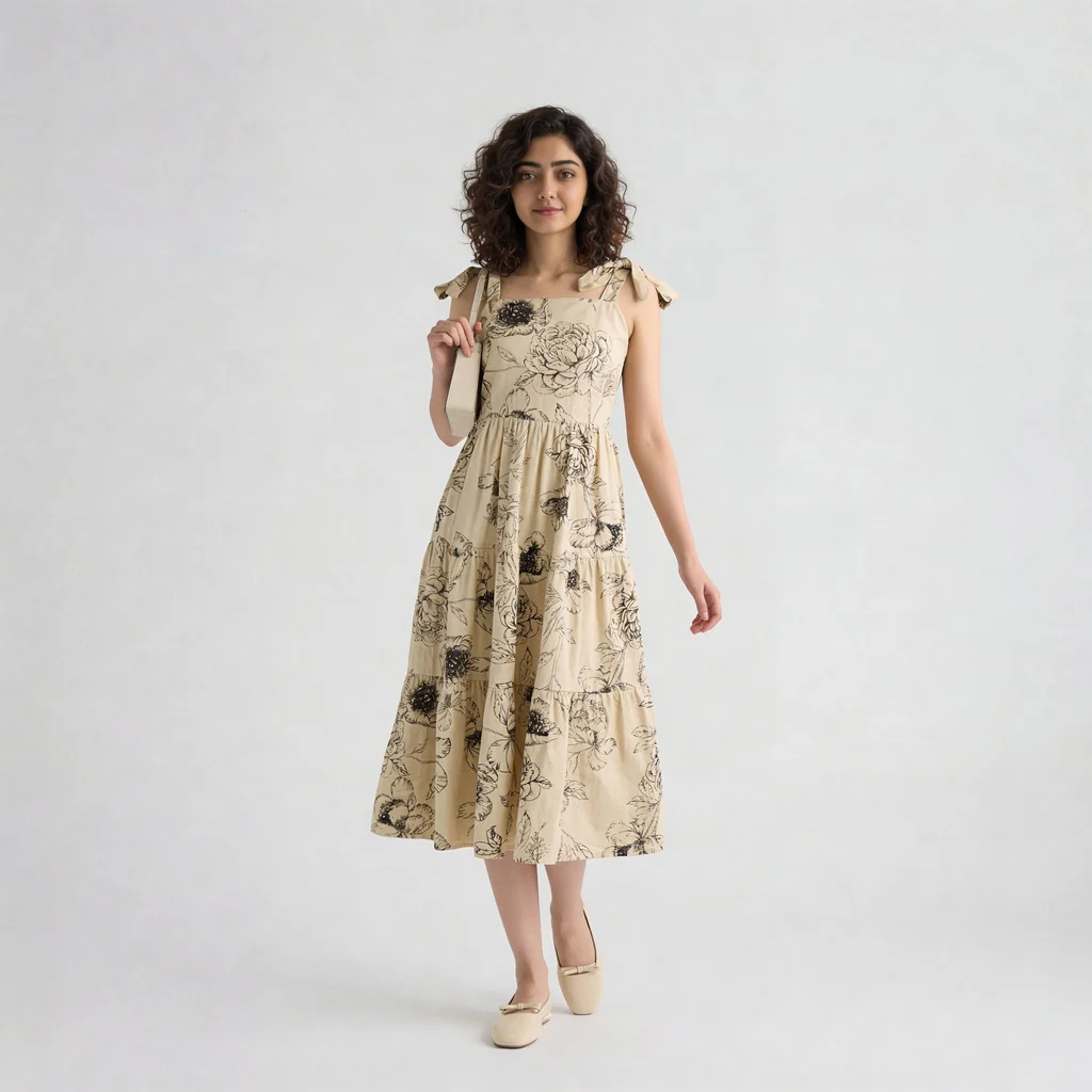 Floral Shoulder Strappy Flared Dress