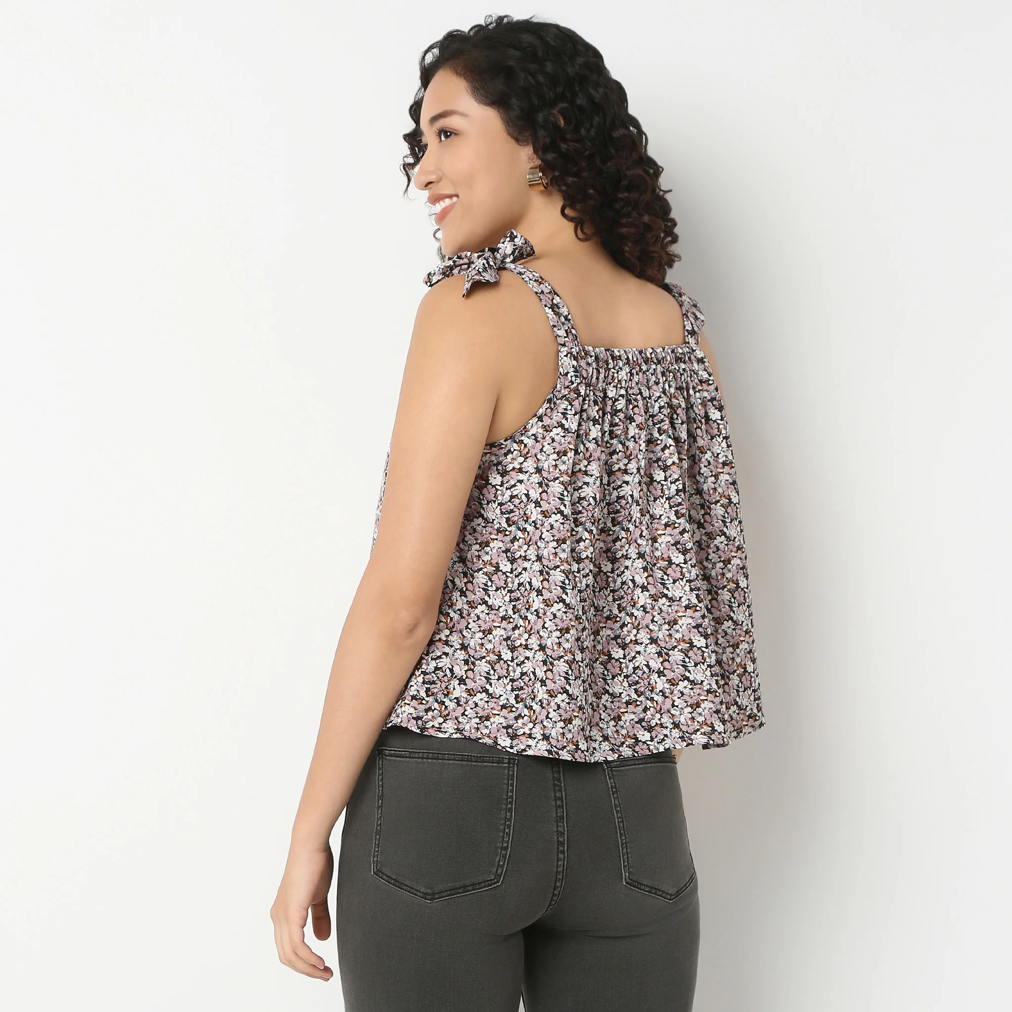 Floral Square Neck Strappy Top With Tie Detail - Image 3