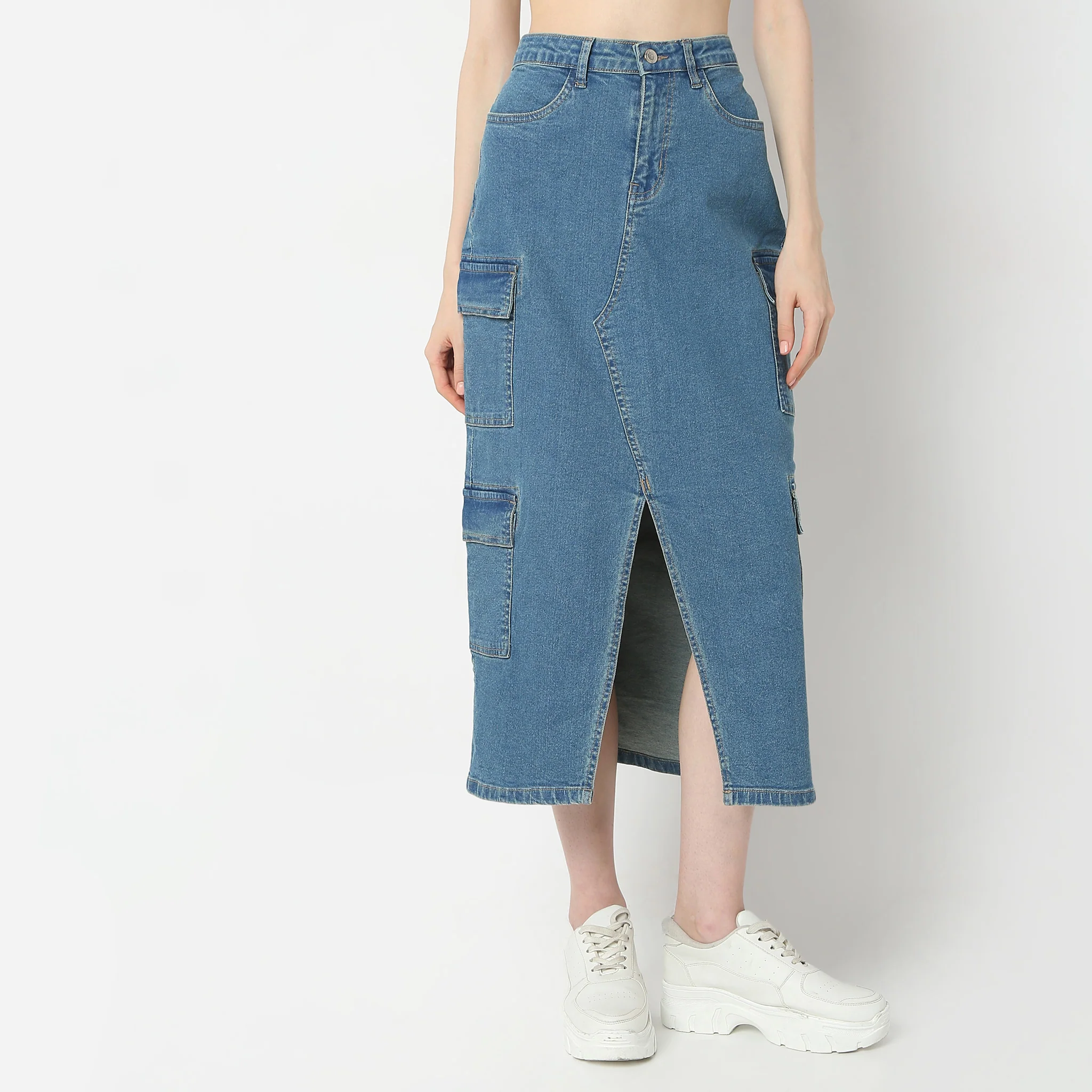 Full Length High Rise Denim Skirt - Image 2