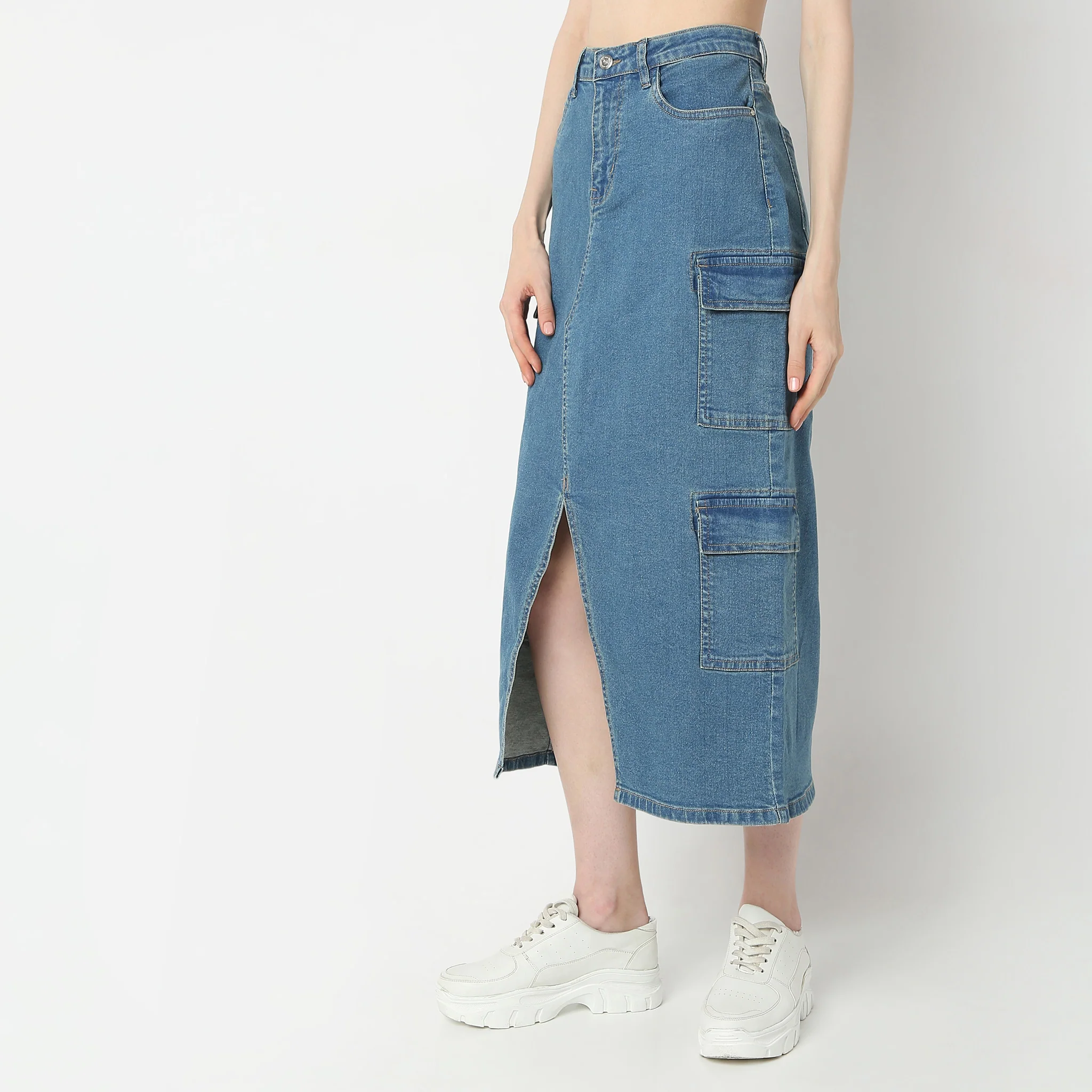 Full Length High Rise Denim Skirt - Image 5