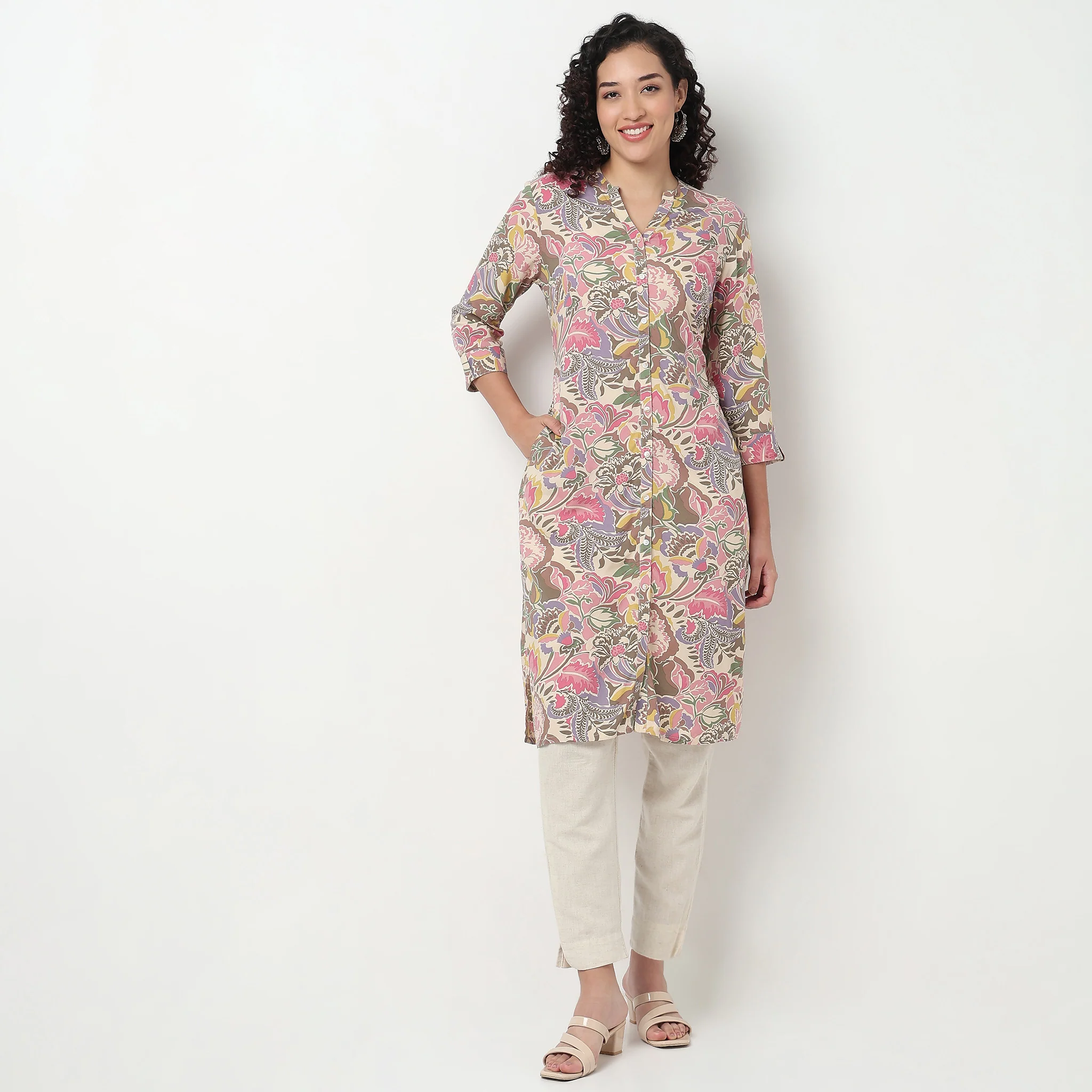 Printed Full Placket Long Kurta - Image 2