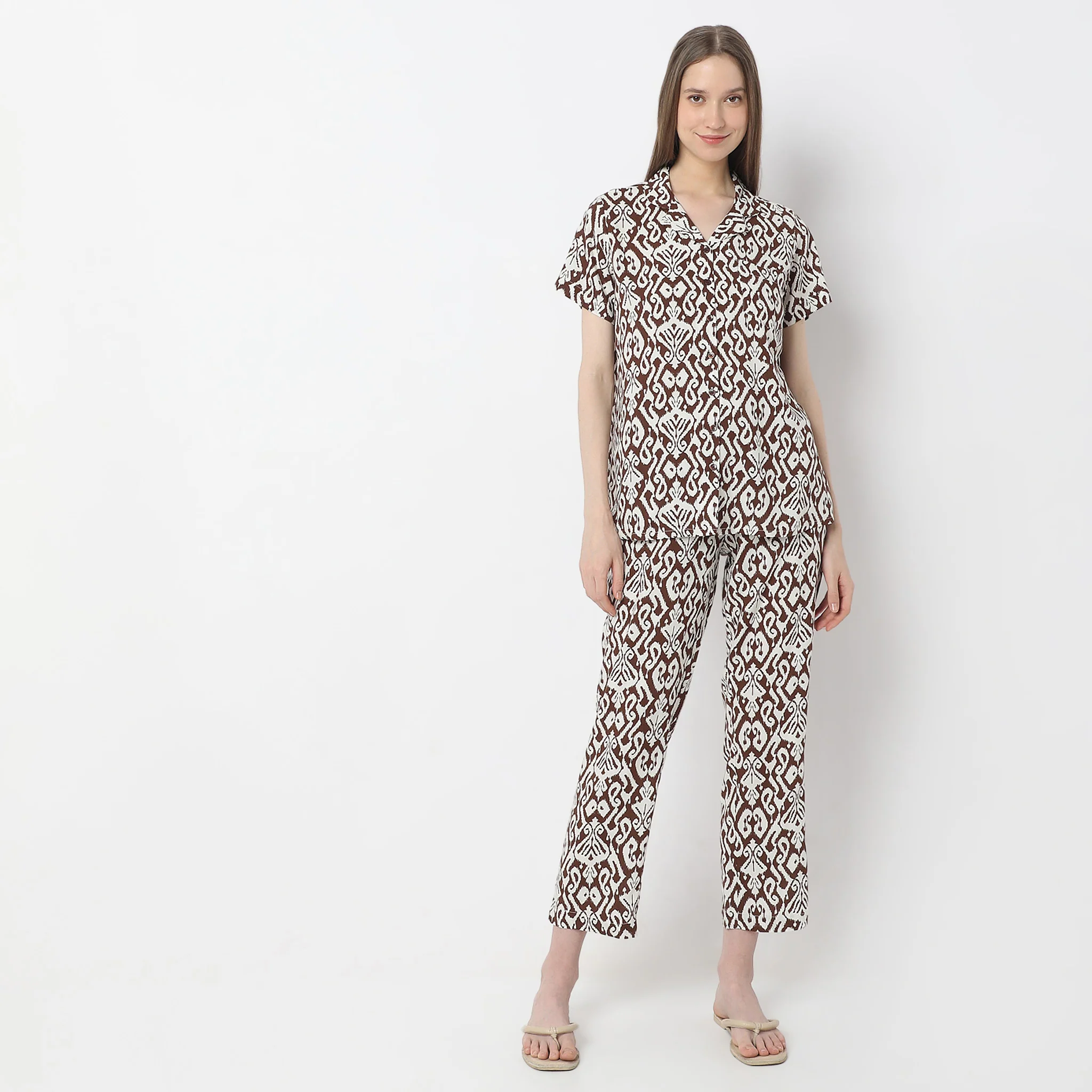 Geometric Print Lapel Collar Short Sleeve Shirt With Pyjama Sleepwear Set - Image 2