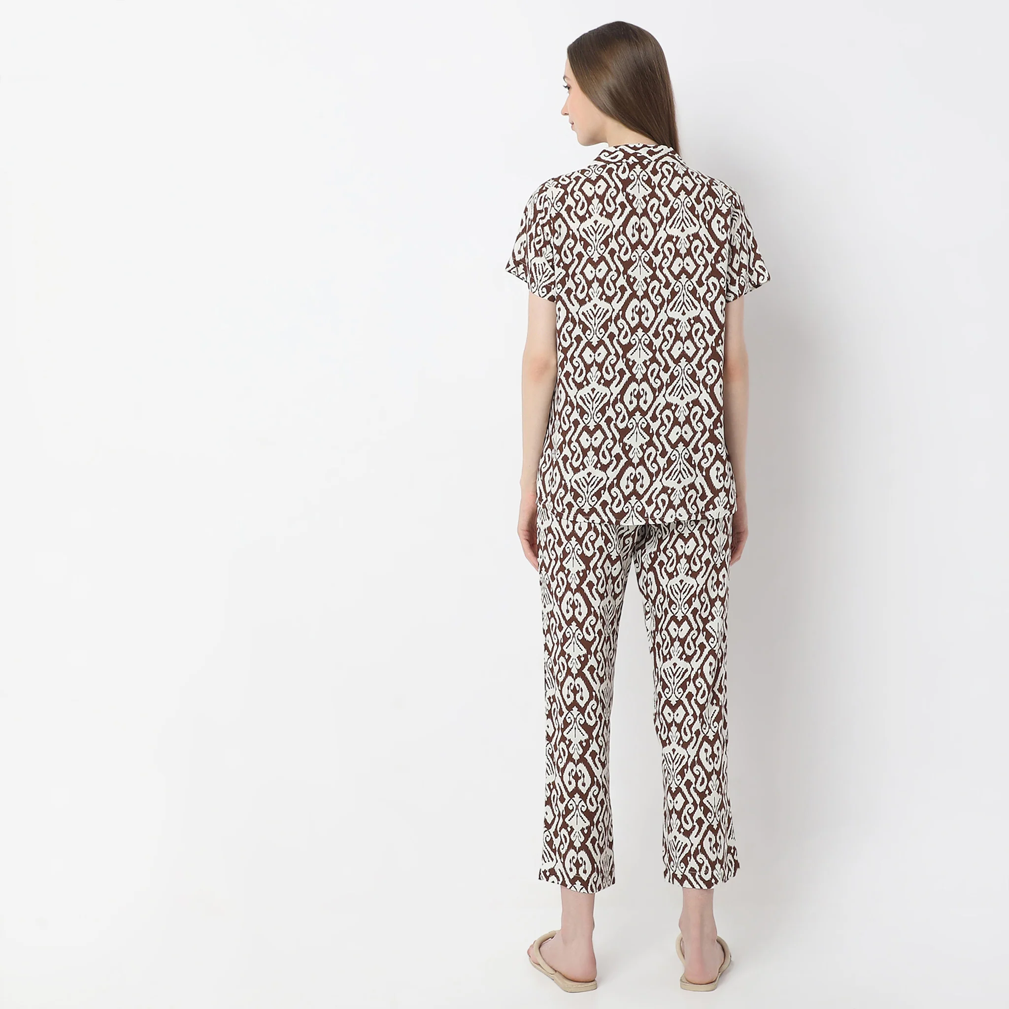 Geometric Print Lapel Collar Short Sleeve Shirt With Pyjama Sleepwear Set - Image 3