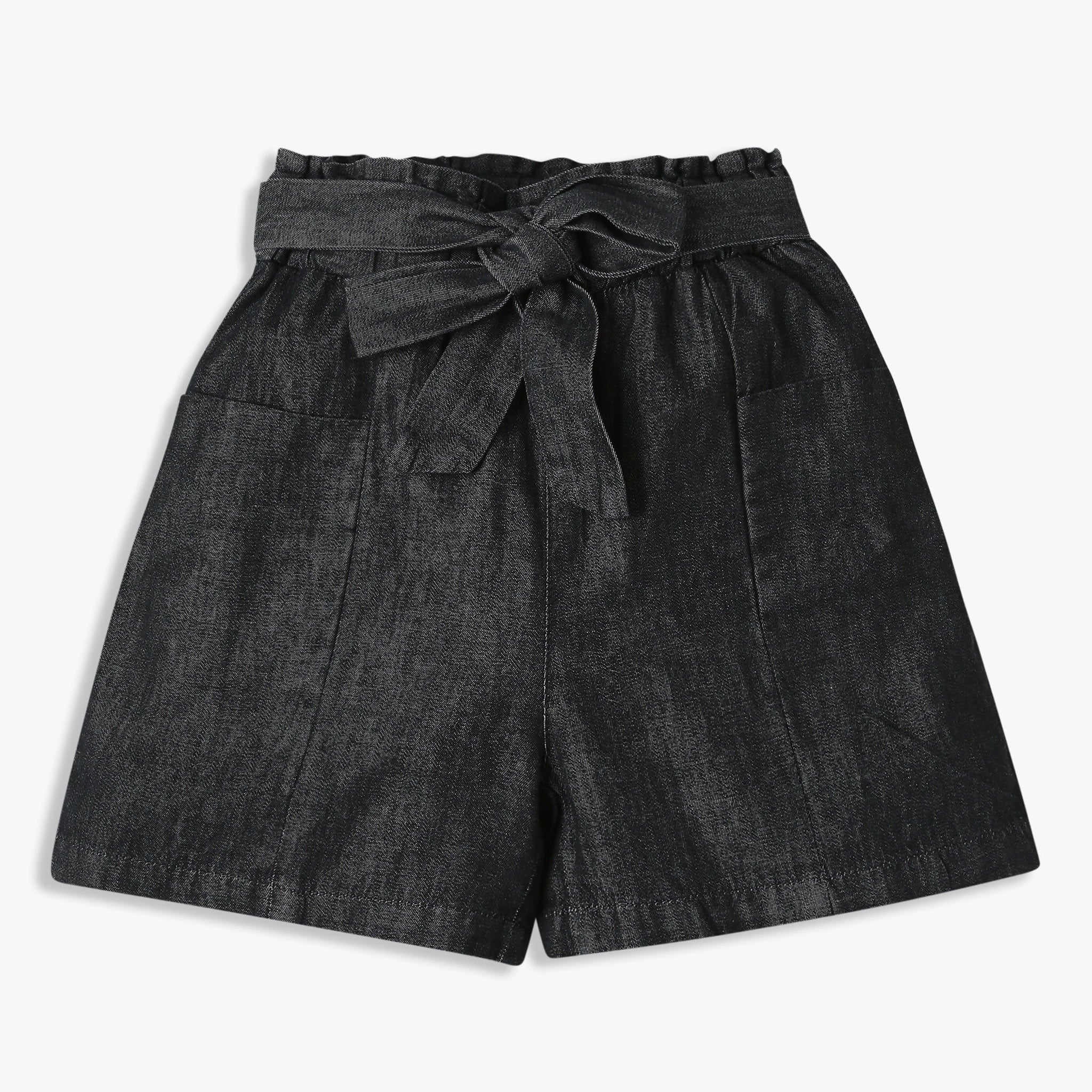 Girls Above Knee Elasticated Paper Bag Waist With Free Belt And Wide Leg Black Shorts