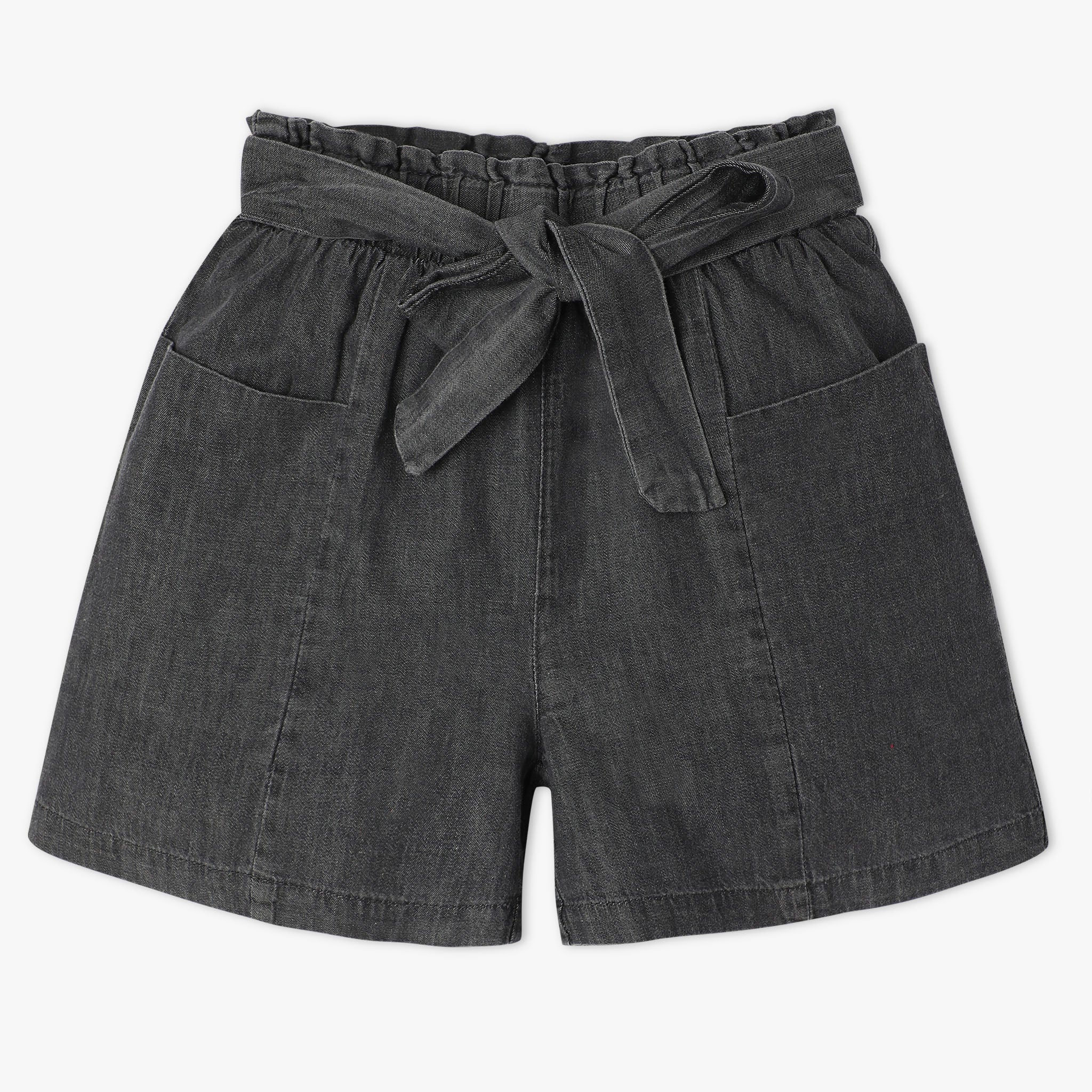 Girls Above Knee Elasticated Paper Bag Waist With Free Belt And Wide Leg Black Shorts - Image 10