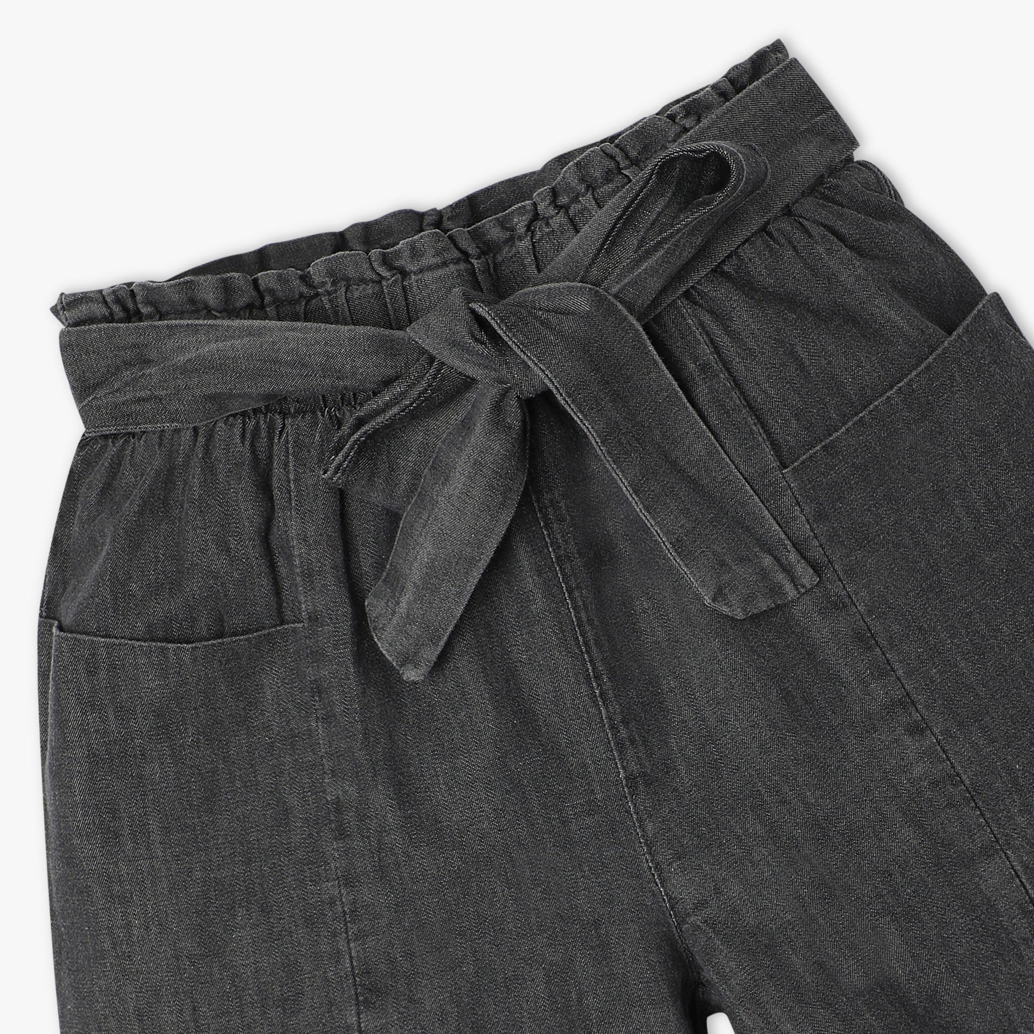 Girls Above Knee Elasticated Paper Bag Waist With Free Belt And Wide Leg Black Shorts - Image 12