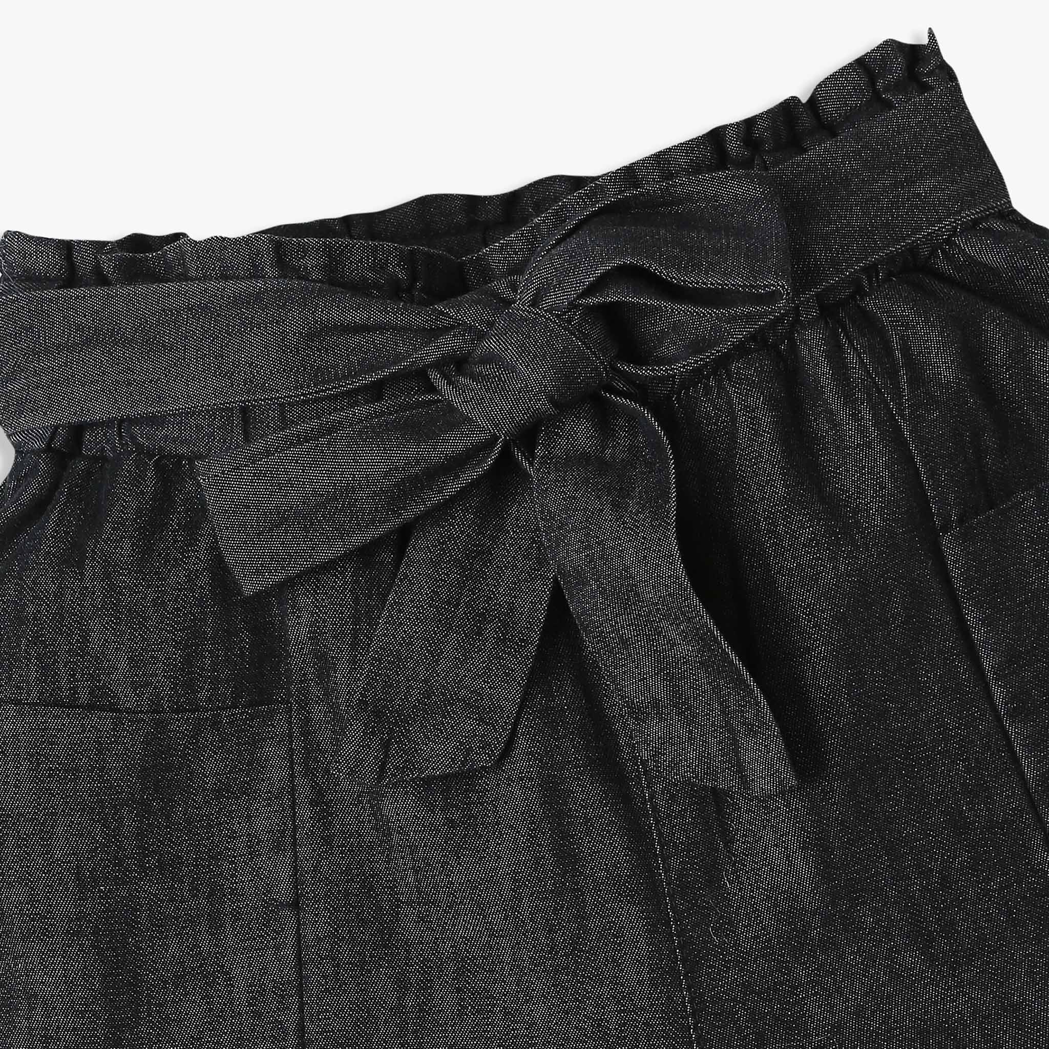 Girls Above Knee Elasticated Paper Bag Waist With Free Belt And Wide Leg Black Shorts - Image 3