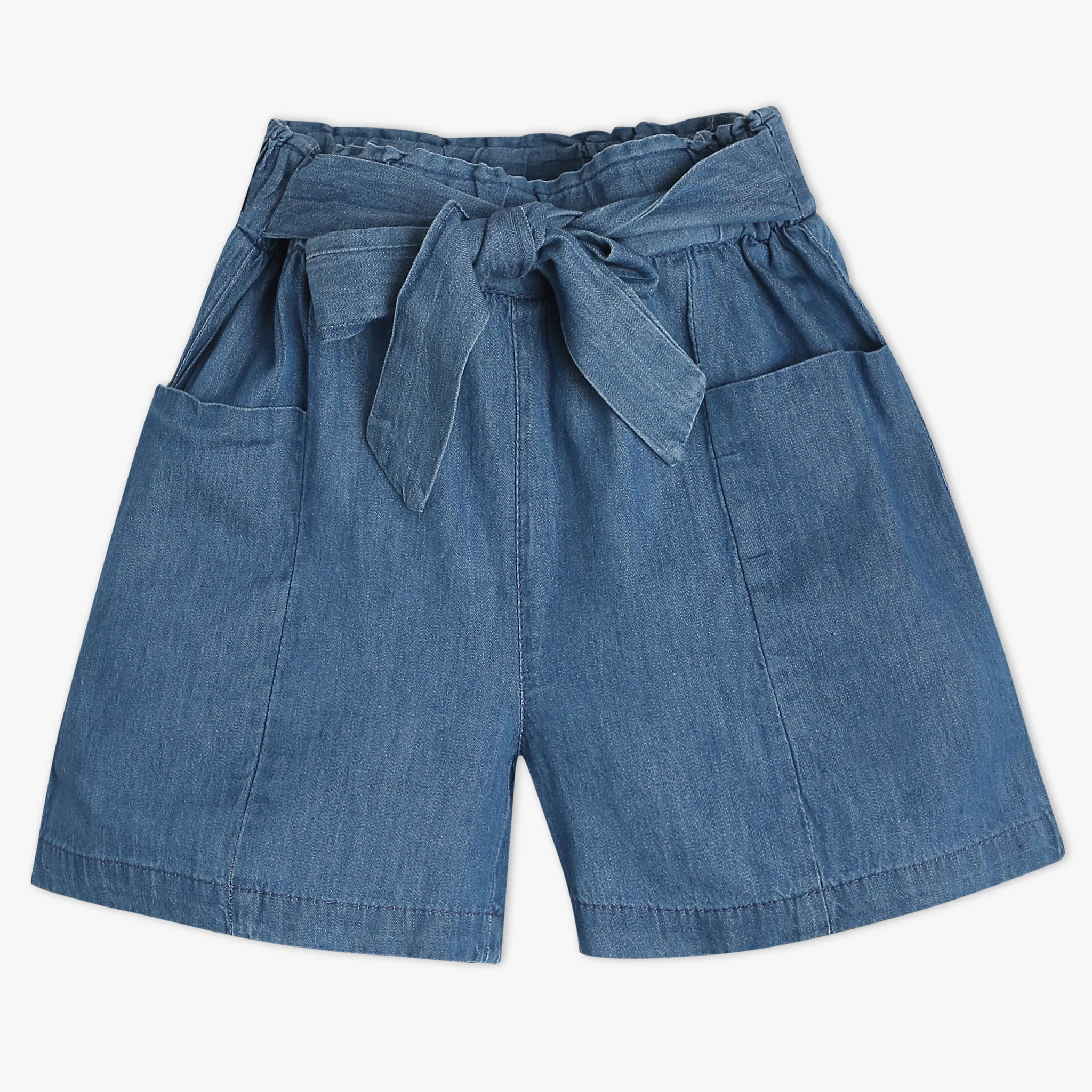 Girls Above Knee Elasticated Paper Bag Waist With Free Belt And Wide Leg Black Shorts - Image 4
