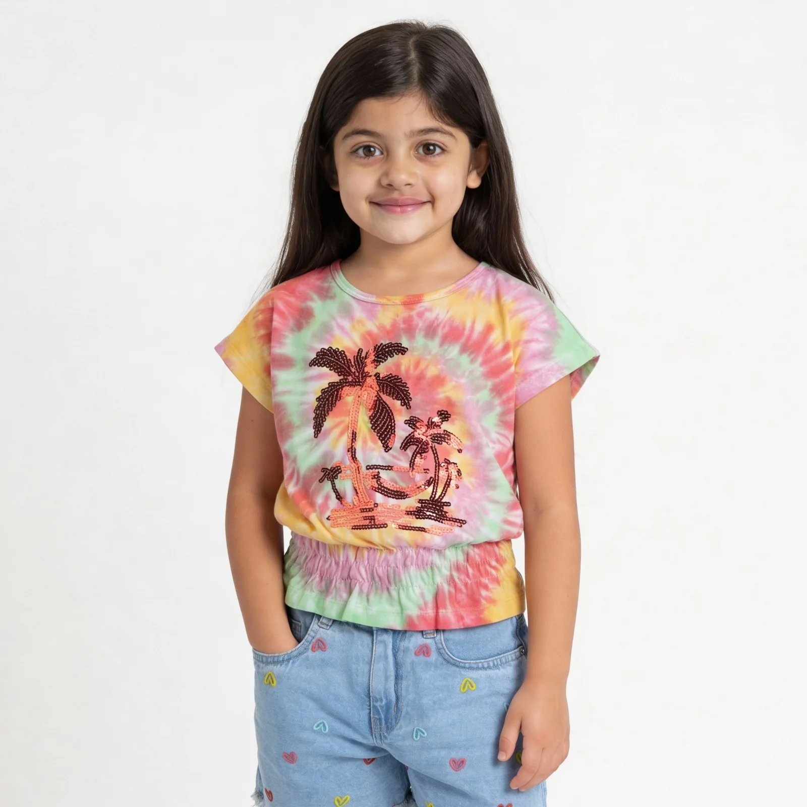 Girls Cotton Embellished Tie & Dye T-Shirt - Image 2