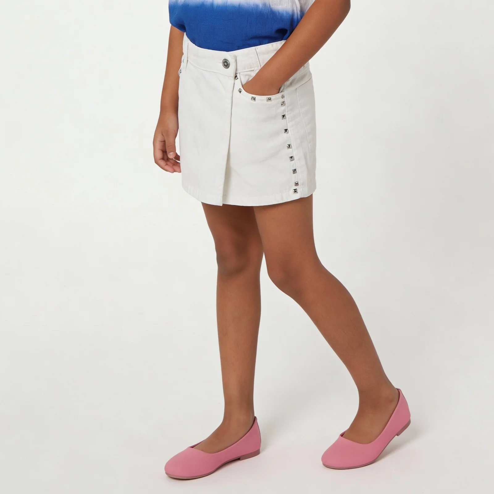 Girls Cotton Embellished White Studded Skort - Image 5